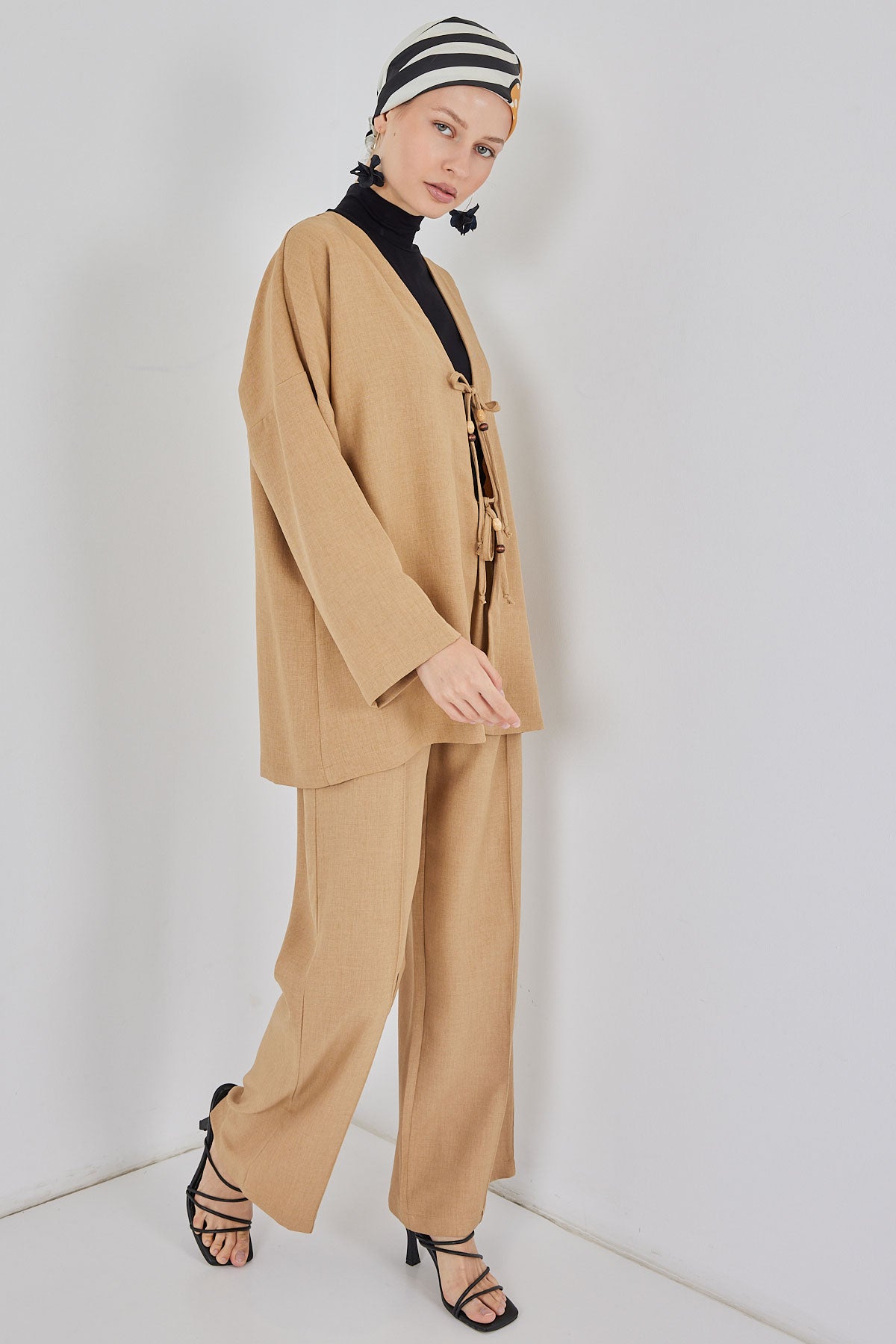 Image of Set de două piese kimono din in pentru femei 6727 - Biscuit