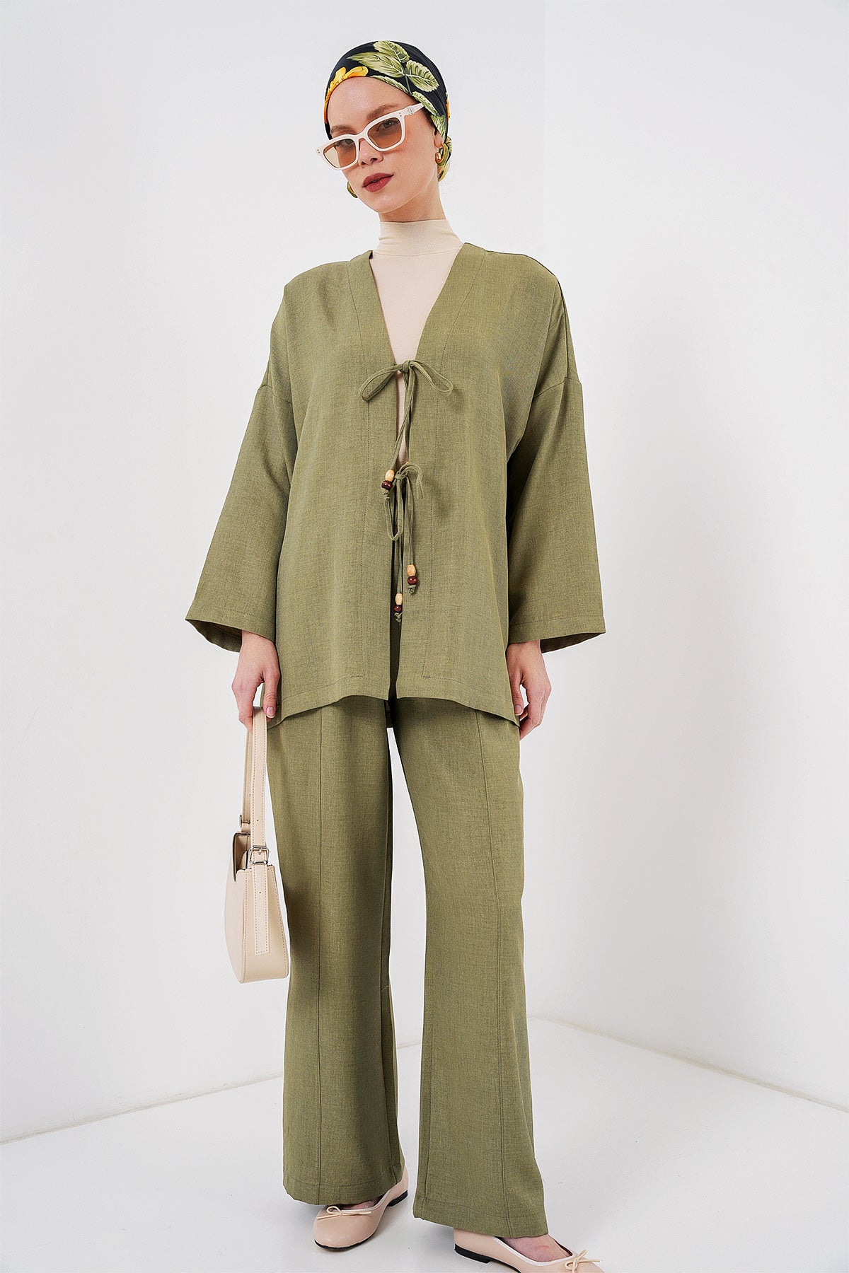 Image of Kadın Keten Kimono İkili Takım 6727 - Çağla