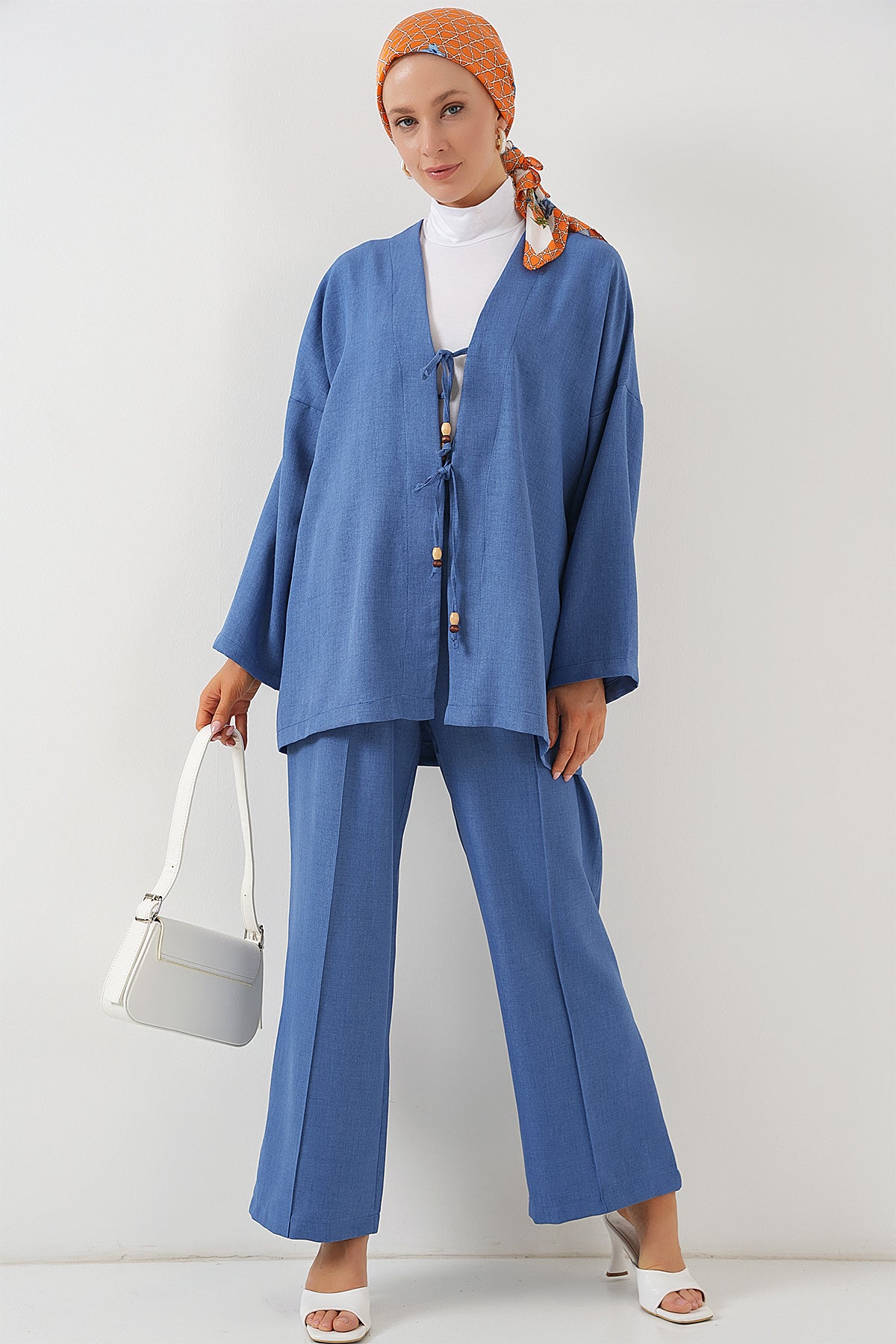 Image of Kadın Keten Kimono İkili Takım 6727 - İndigo