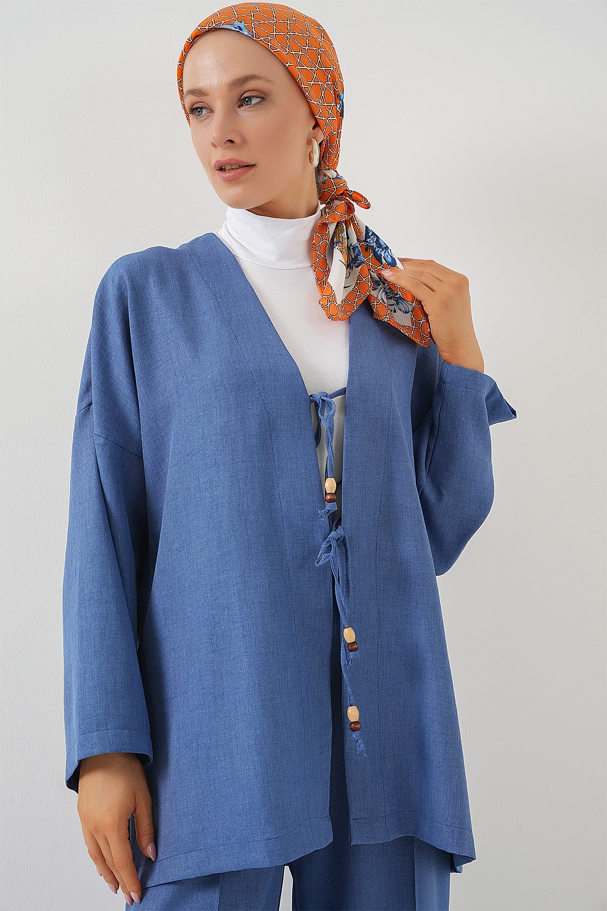 Image of Kadın Keten Kimono İkili Takım 6727 - İndigo
