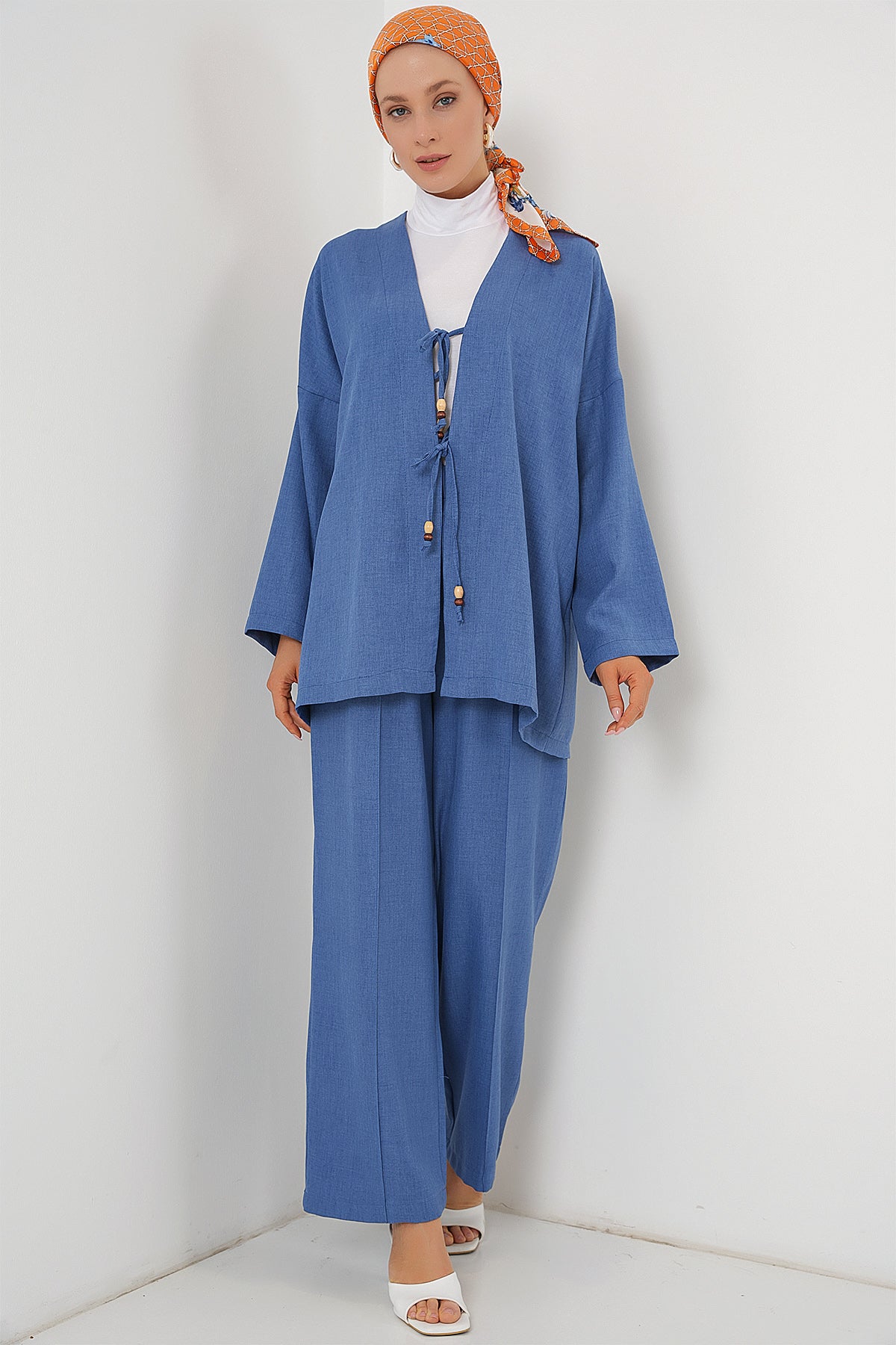 Image of Kadın Keten Kimono İkili Takım 6727 - İndigo