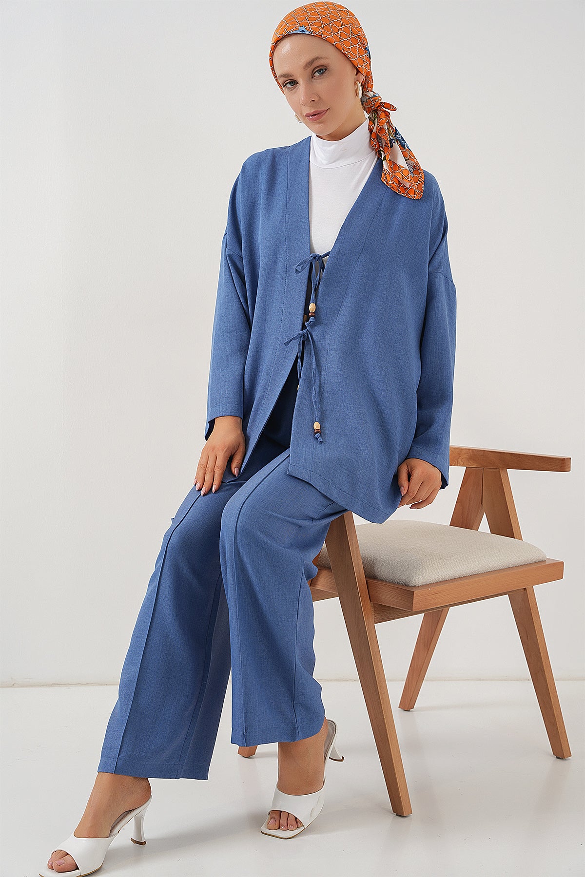 Image of Kadın Keten Kimono İkili Takım 6727 - İndigo