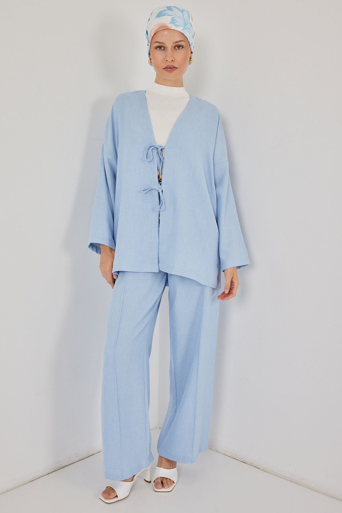 Image of Kadın Keten Kimono İkili Takım 6727 - Mavi