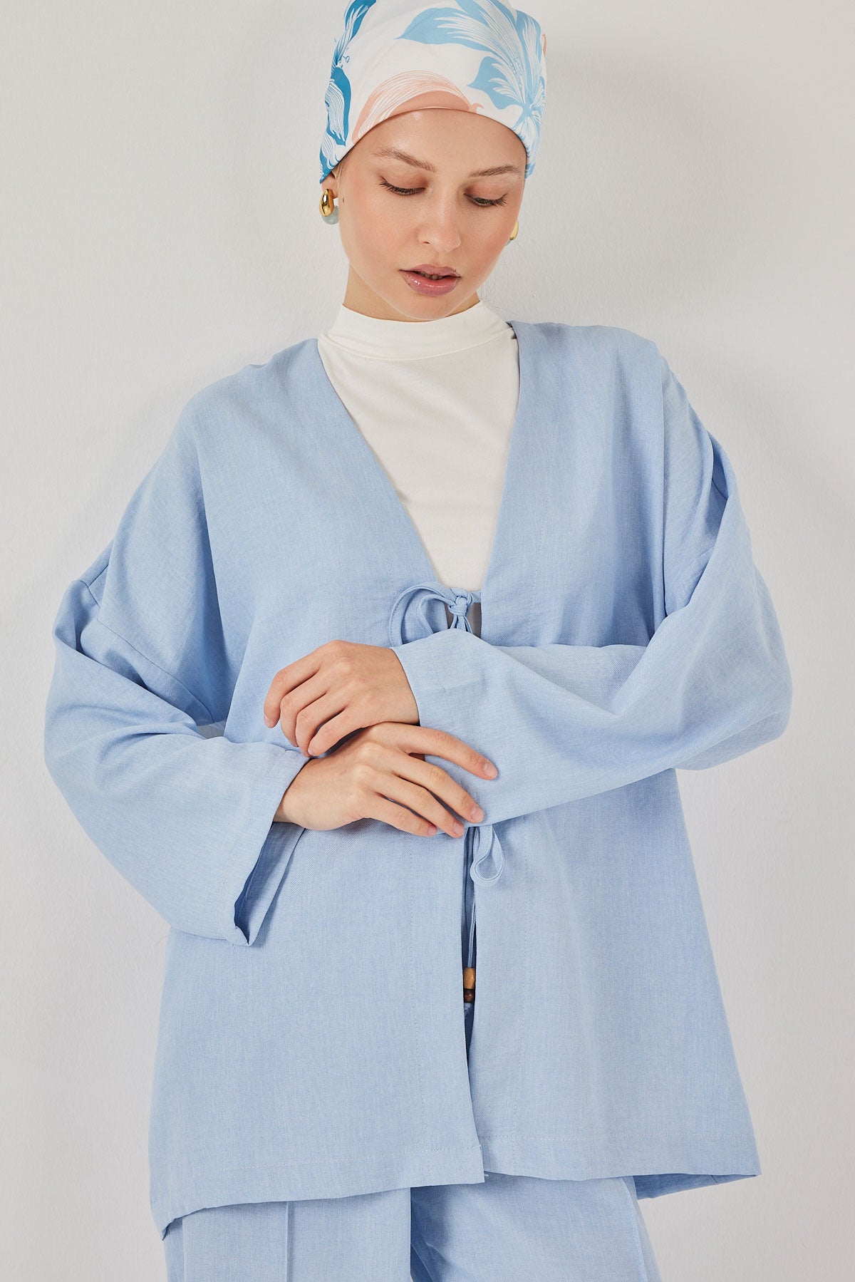 Image of Kadın Keten Kimono İkili Takım 6727 - Mavi