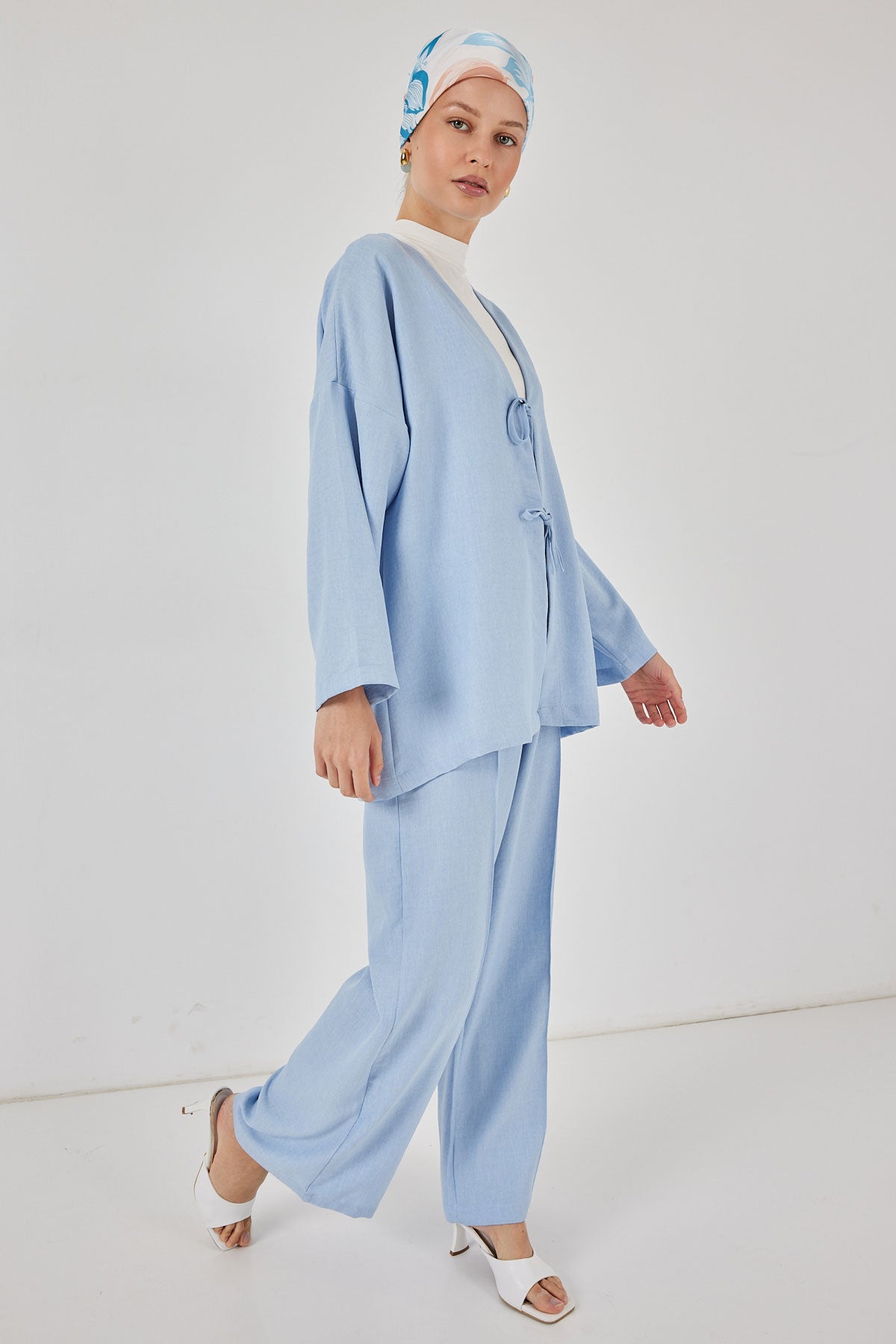 Image of Kadın Keten Kimono İkili Takım 6727 - Mavi