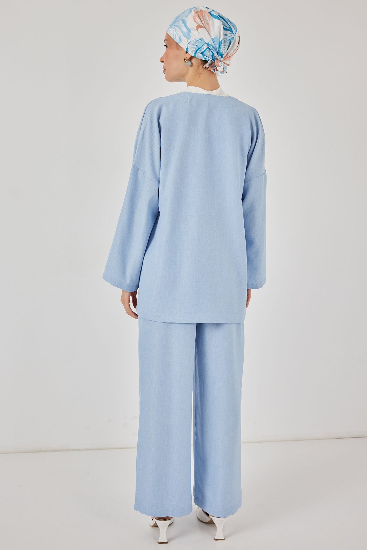 Image of Kadın Keten Kimono İkili Takım 6727 - Mavi
