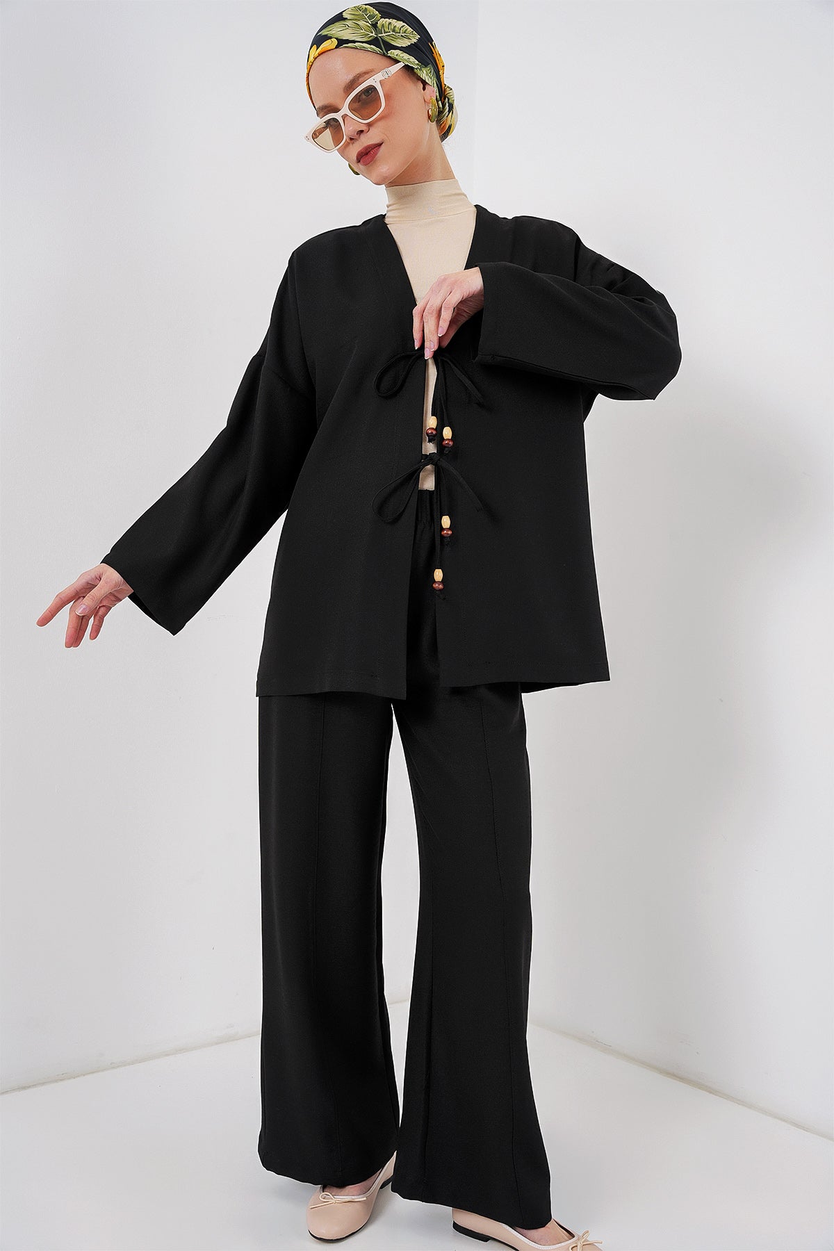 Image of Kadın Keten Kimono İkili Takım 6727 - Siyah