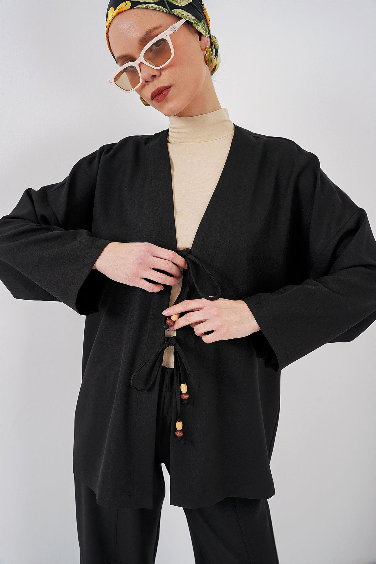 Image of Kadın Keten Kimono İkili Takım 6727 - Siyah