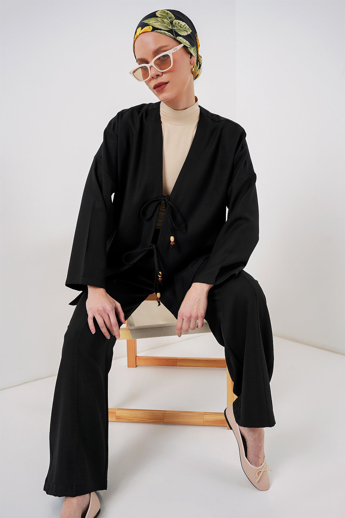 Image of Kadın Keten Kimono İkili Takım 6727 - Siyah