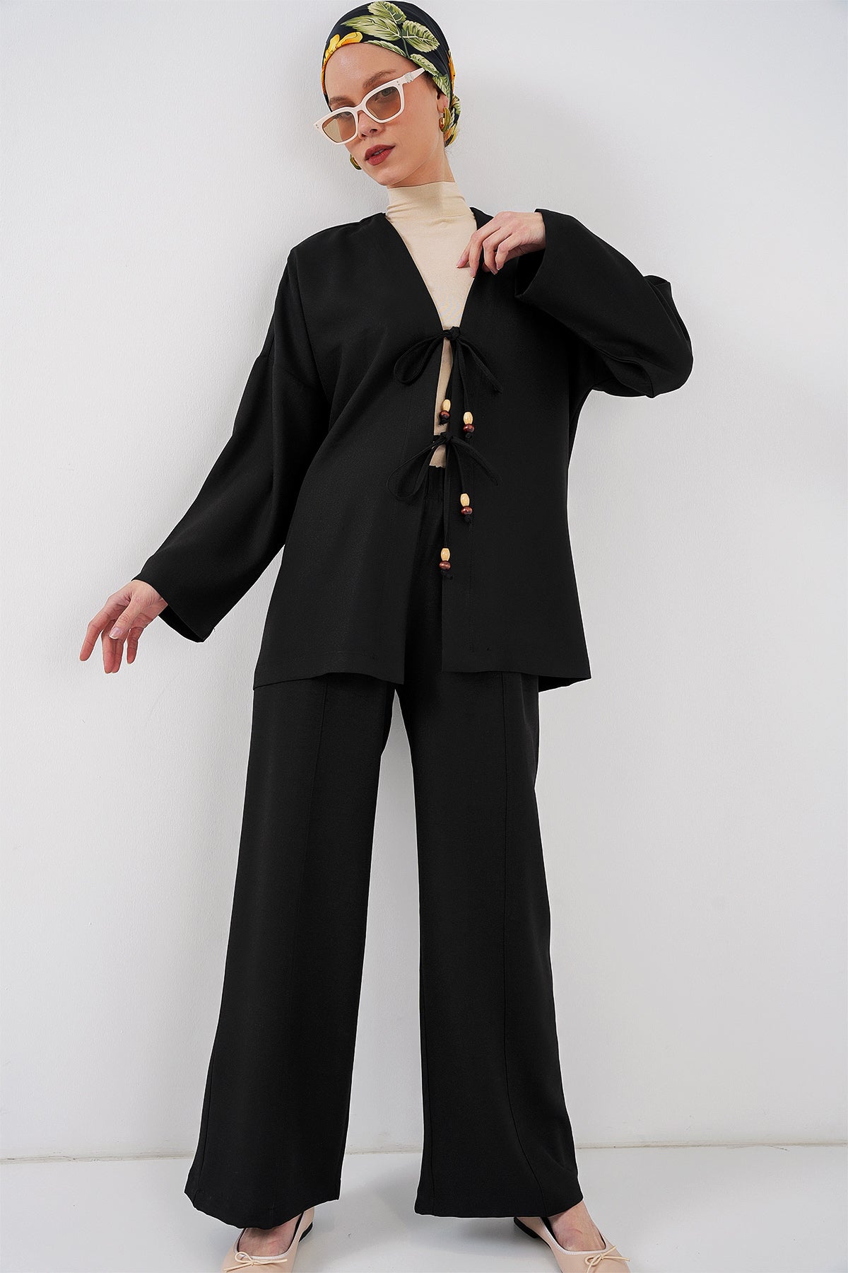 Image of Kadın Keten Kimono İkili Takım 6727 - Siyah