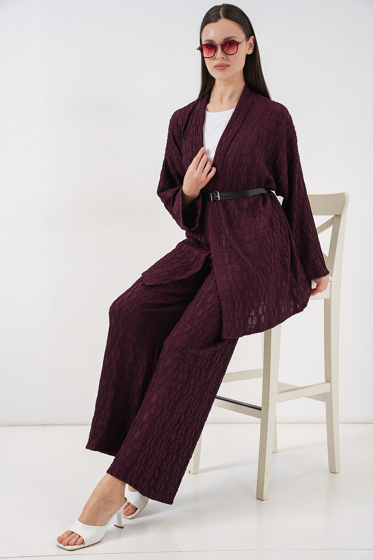 Image of Kadın Kimono Pantolon İkili Takım 30078 - Bordo