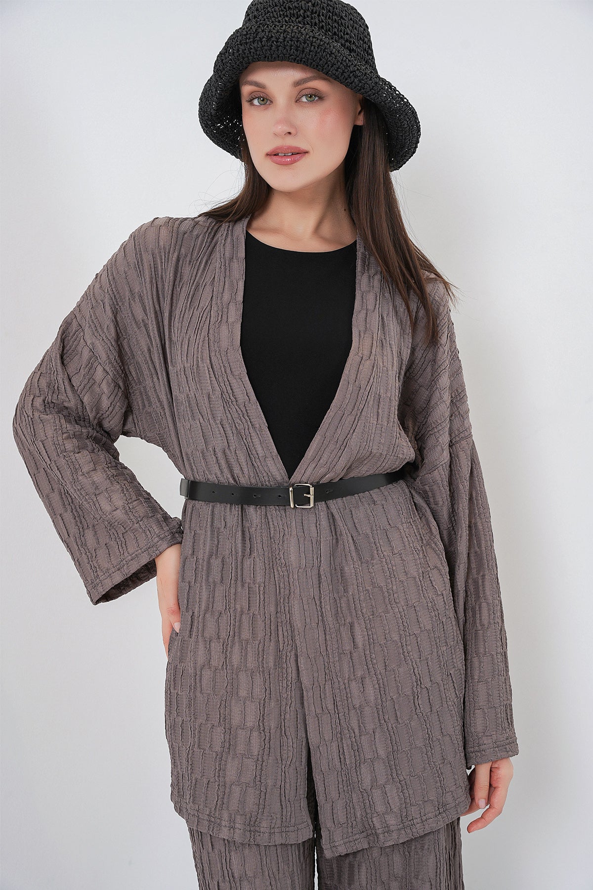 Image of Set de două piese pentru pantaloni kimono pentru femei 30078 - Gri închis