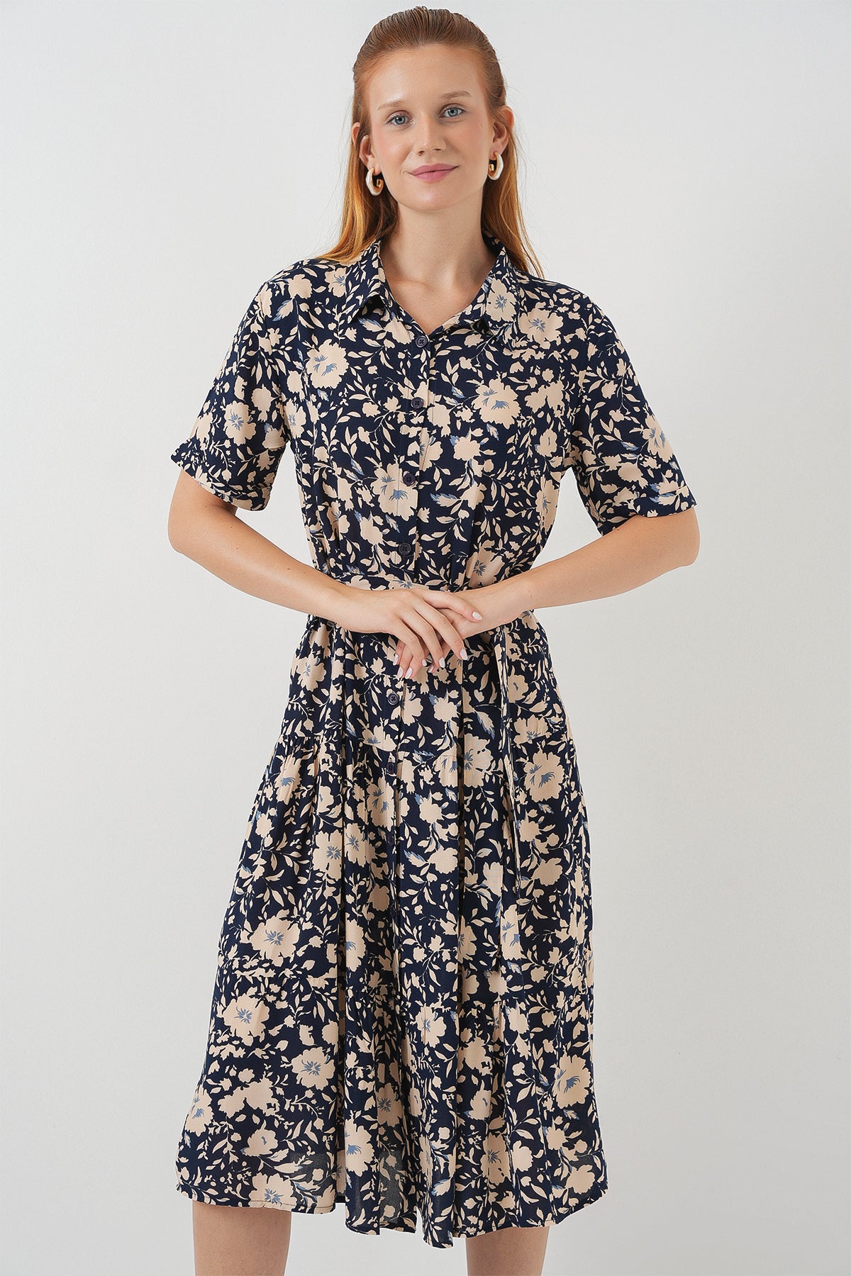 Image of Women's Short-Sleeve Patterned Dress 2560 - Navy Blue