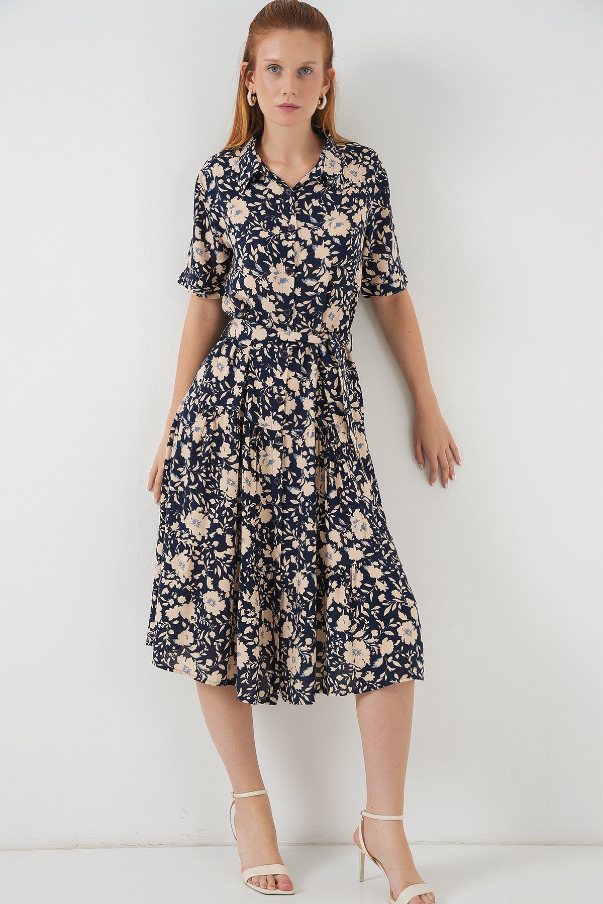 Image of Women's Short-Sleeve Patterned Dress 2560 - Navy Blue