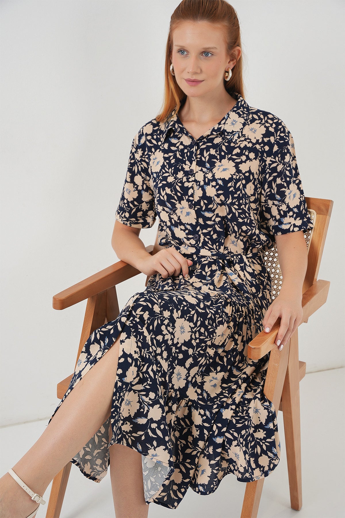 Image of Women's Short-Sleeve Patterned Dress 2560 - Navy Blue