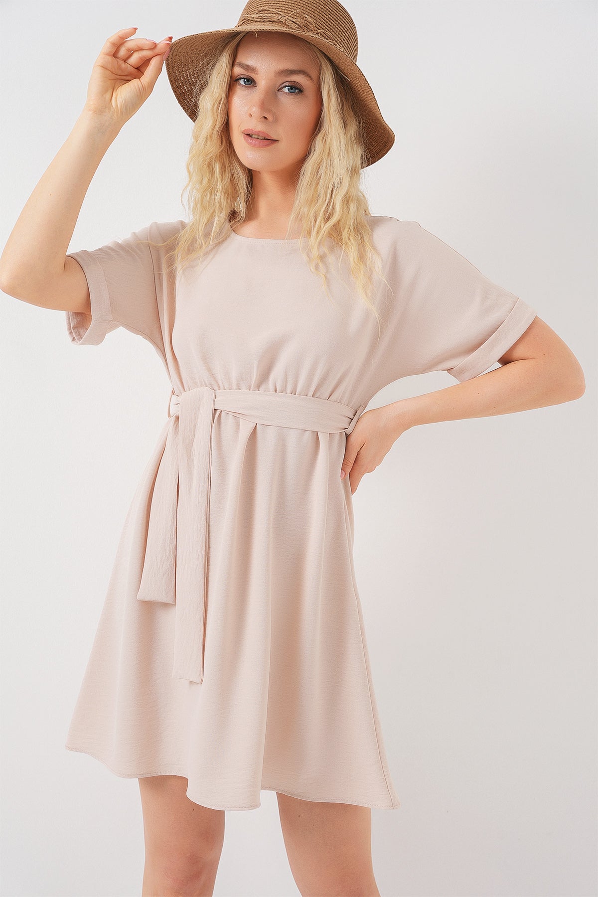 Image of Kadın Kısa Kol Mini Ayrobin Elbise 2572 - Krem