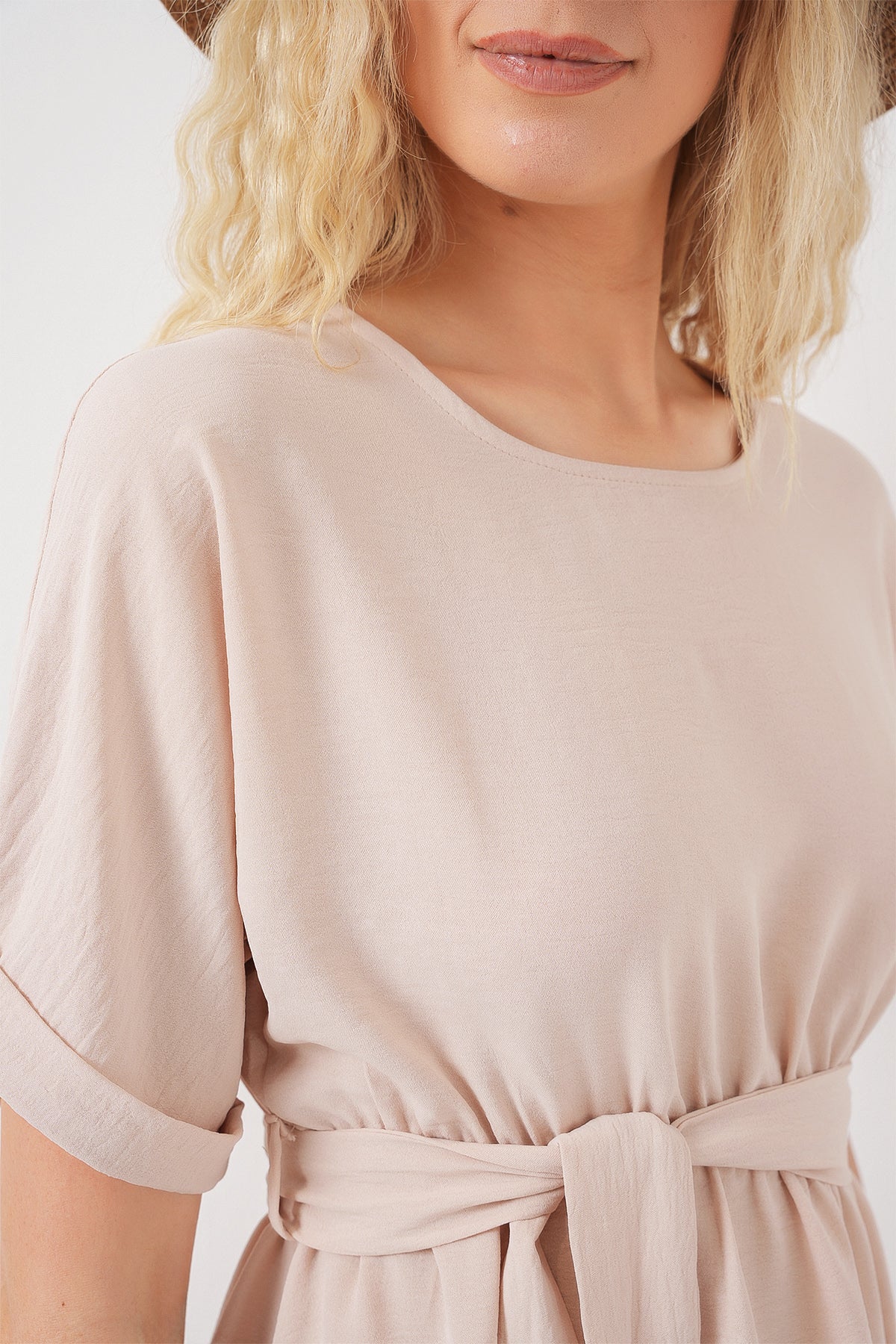 Image of Kadın Kısa Kol Mini Ayrobin Elbise 2572 - Krem