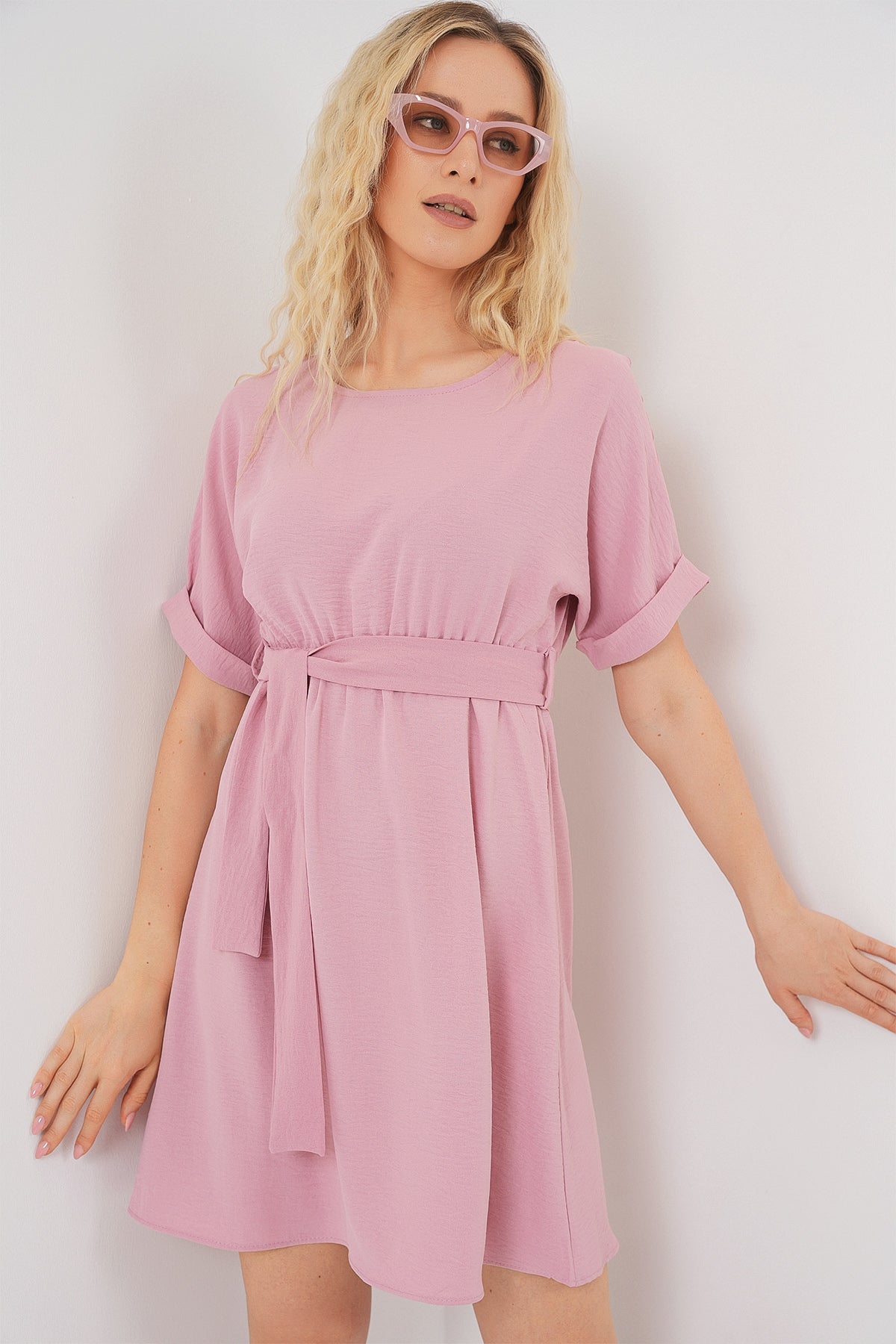 Image of Kadın Kısa Kol Mini Ayrobin Elbise 2572 - Pudra