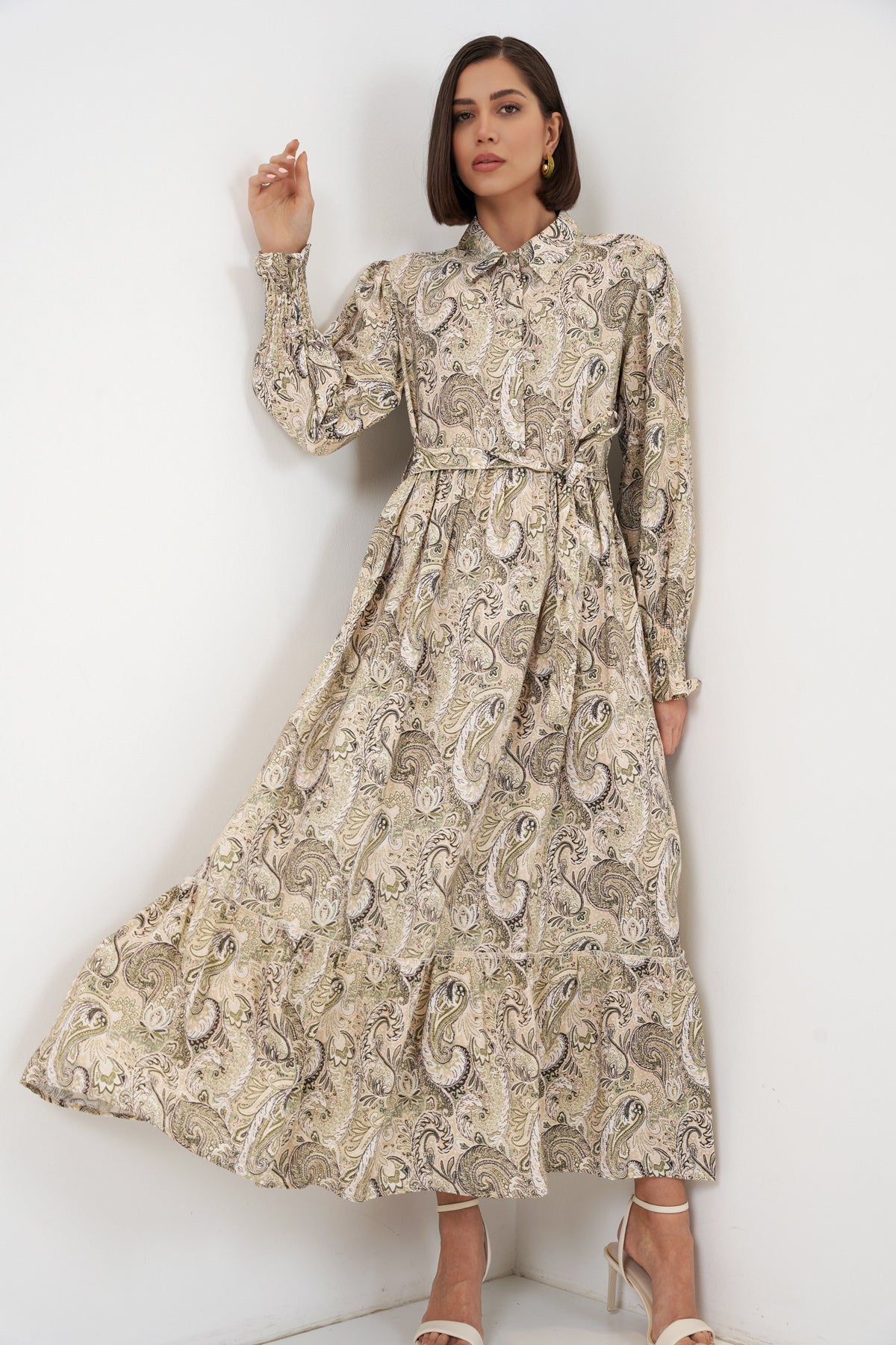 Image of Rochie hijab cu curea pentru femei 2589 - Bej