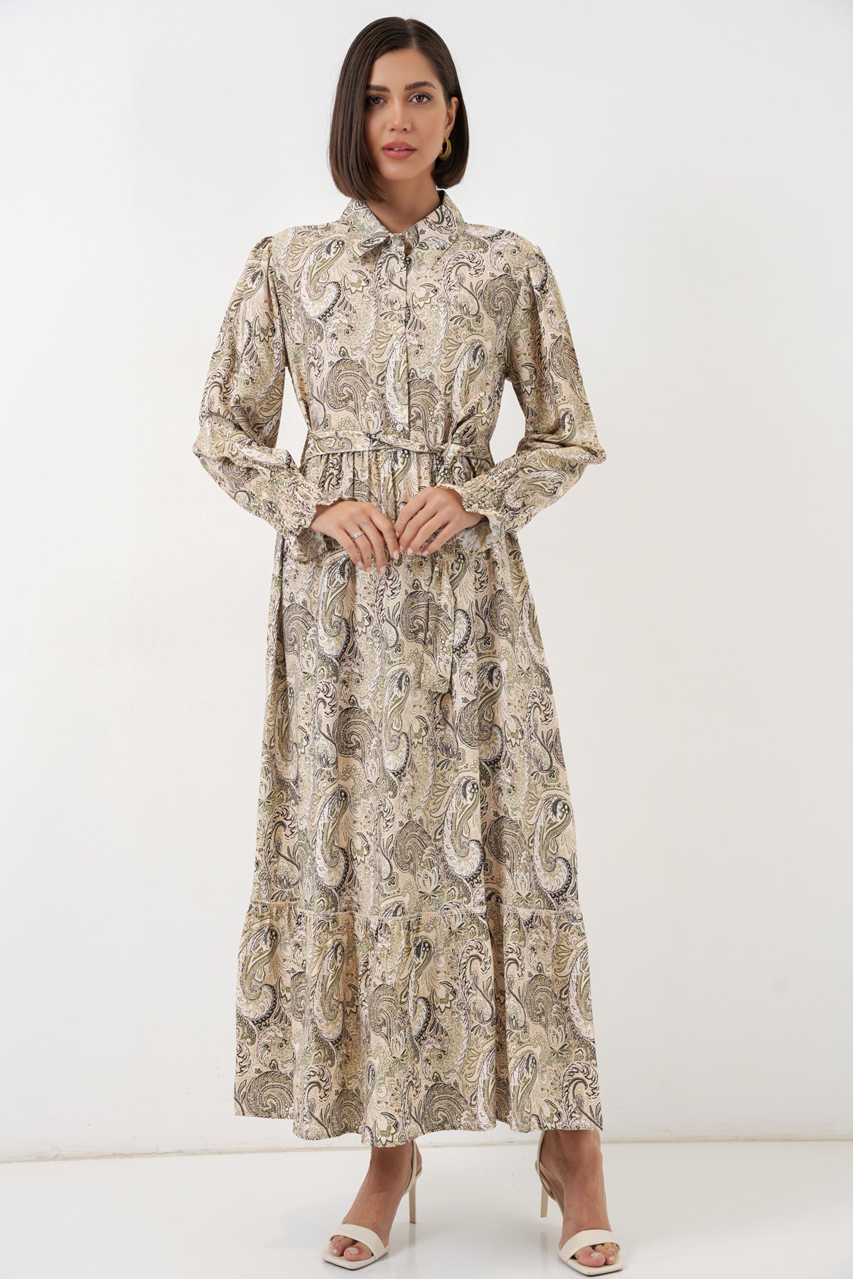 Image of Rochie hijab cu curea pentru femei 2589 - Bej