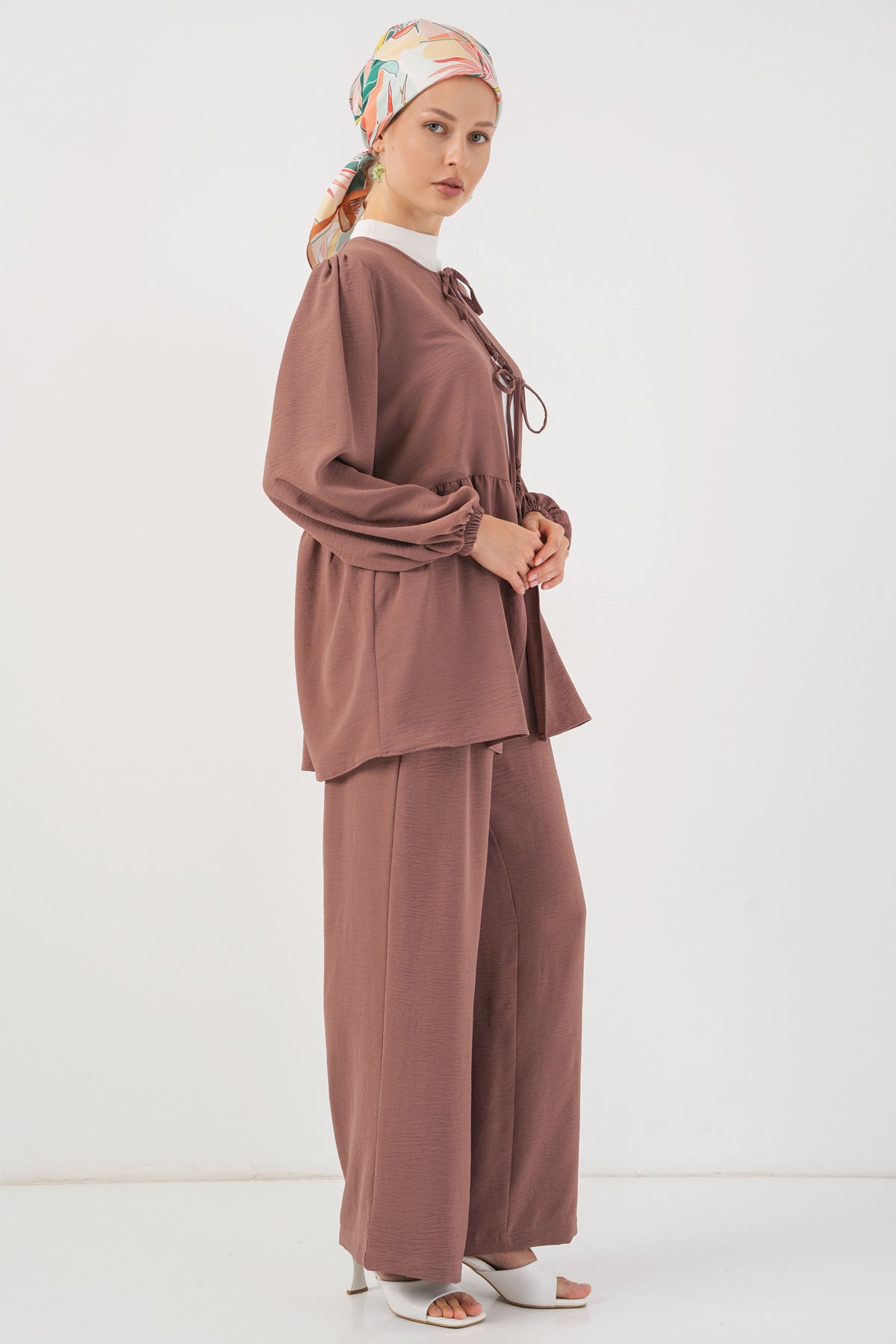 Image of Kadın Önü Bağcıklı Tunik Pantolon İkili Takım 6744 - D.Gül Kurusu