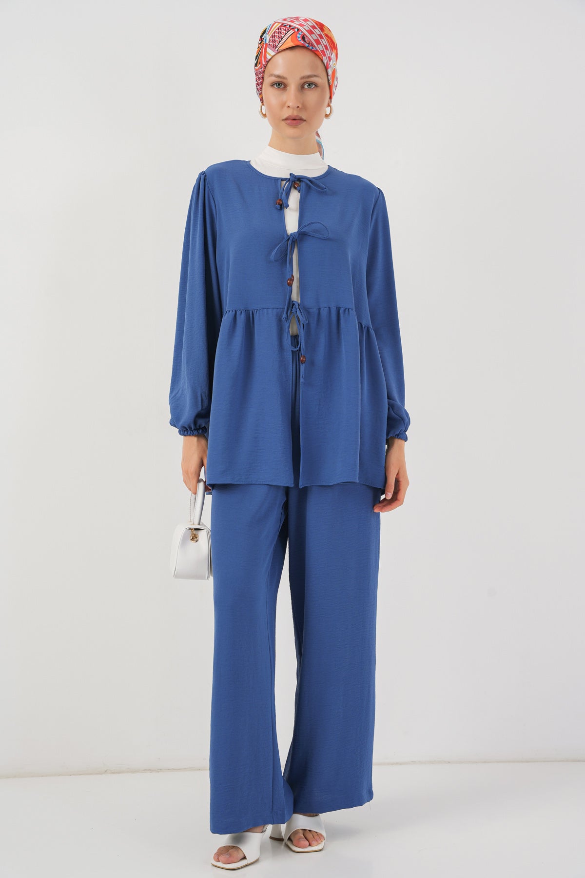 Image of Set de două piese pentru femei, tunică și pantaloni cu șireturi în față 6744 - Indigo