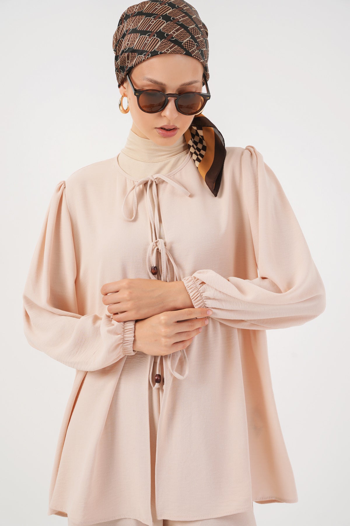 Image of Kadın Önü Bağcıklı Tunik Pantolon İkili Takım 6744 - Krem
