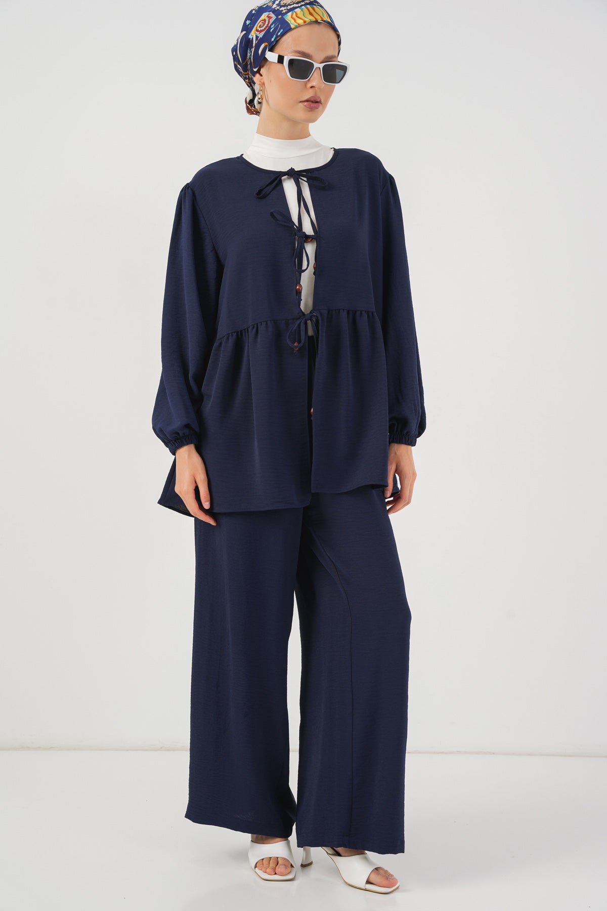 Image of Kadın Önü Bağcıklı Tunik Pantolon İkili Takım 6744 - Lacivert