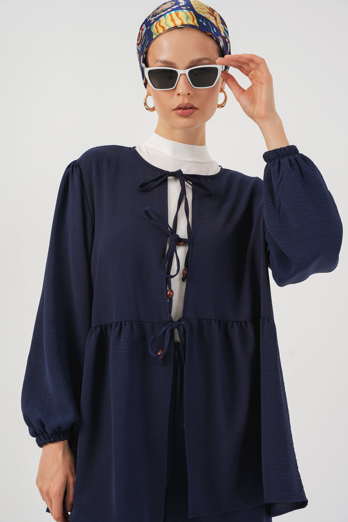 Image of Kadın Önü Bağcıklı Tunik Pantolon İkili Takım 6744 - Lacivert