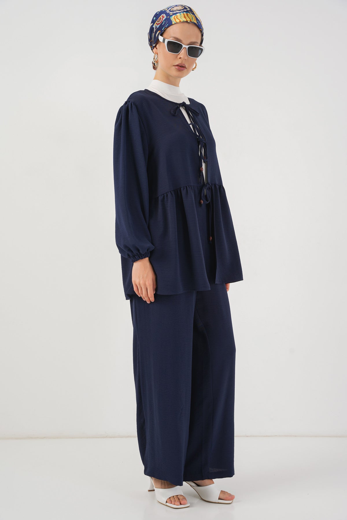 Image of Kadın Önü Bağcıklı Tunik Pantolon İkili Takım 6744 - Lacivert