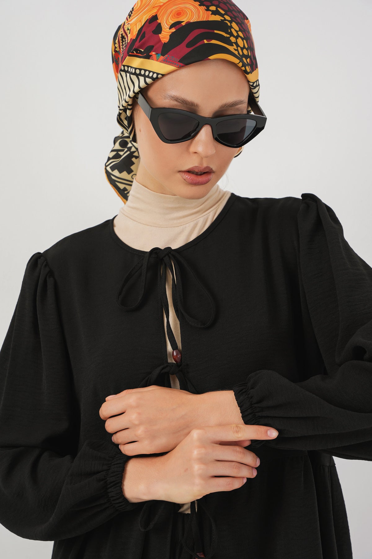 Image of Kadın Önü Bağcıklı Tunik Pantolon İkili Takım 6744 - Siyah