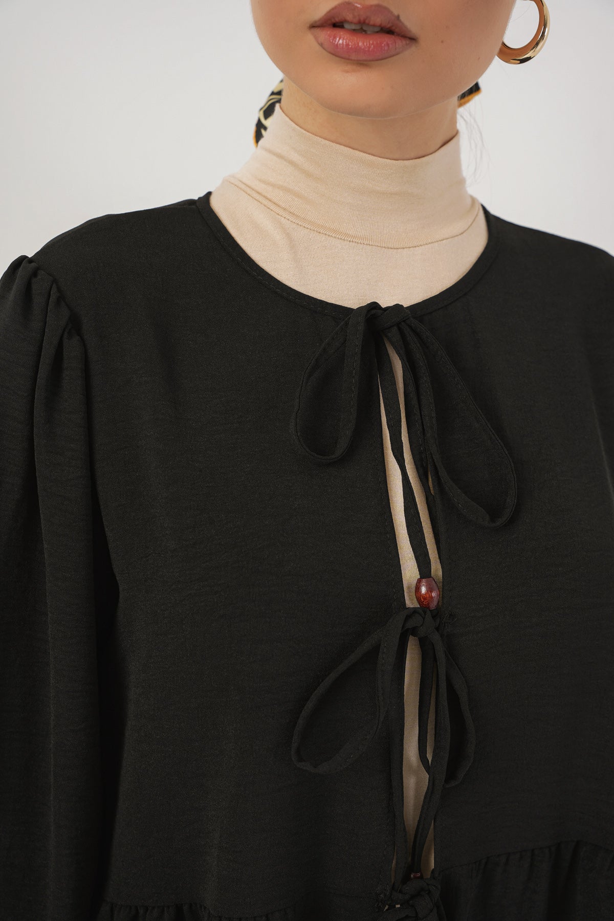 Image of Kadın Önü Bağcıklı Tunik Pantolon İkili Takım 6744 - Siyah