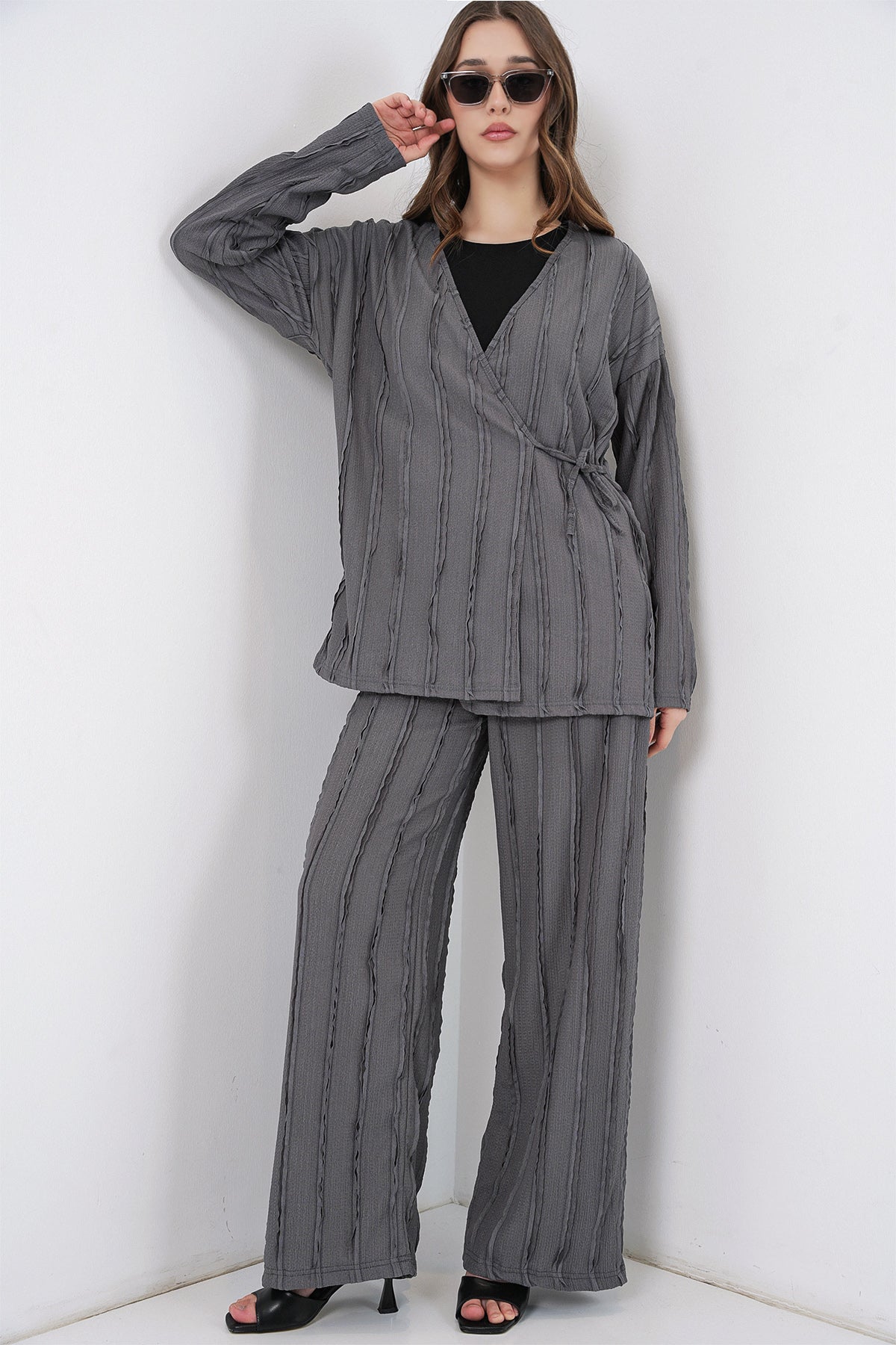Image of Kadın Örme Kimono Pantolon İkili Takım 30067 - Gri