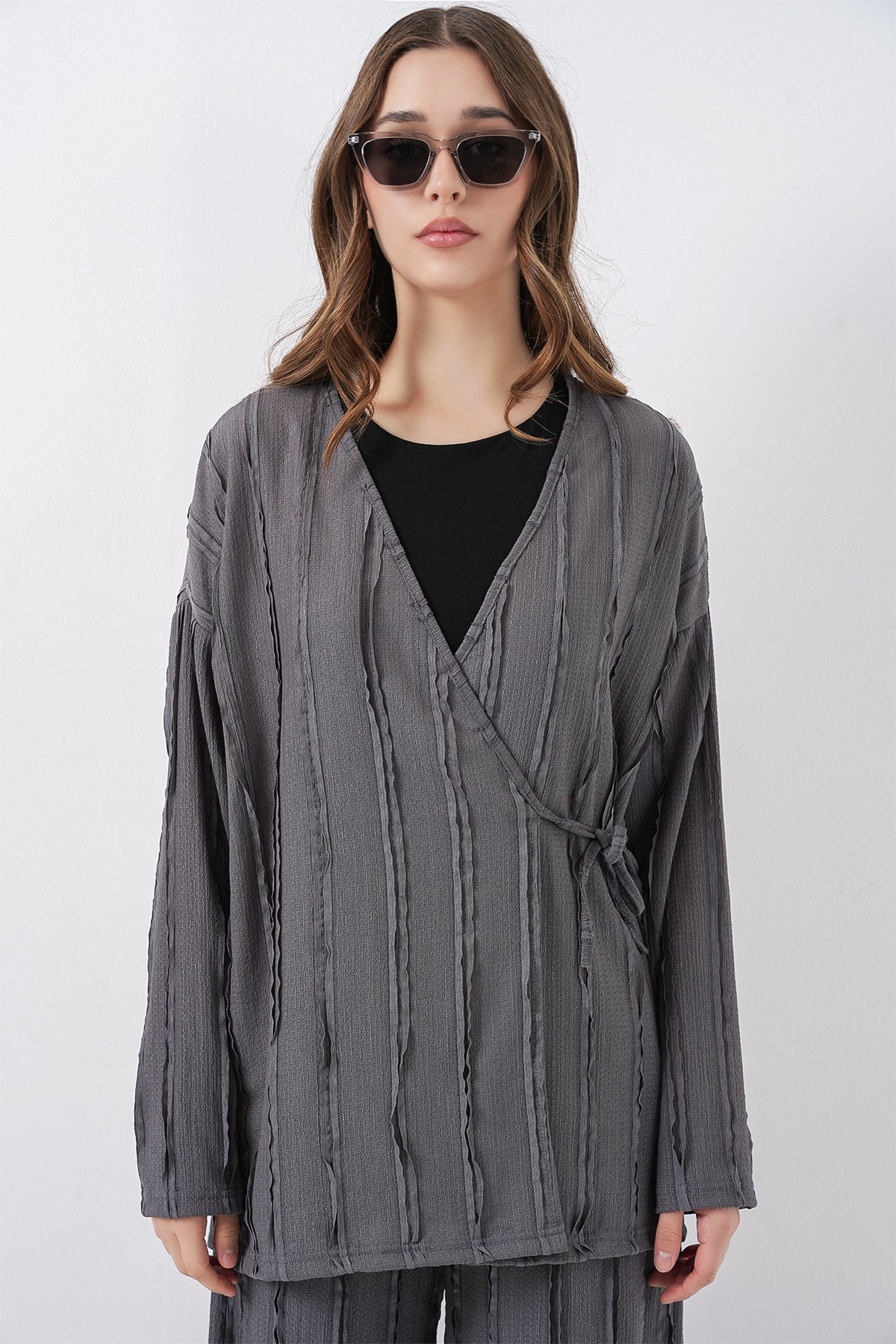 Image of Kadın Örme Kimono Pantolon İkili Takım 30067 - Gri