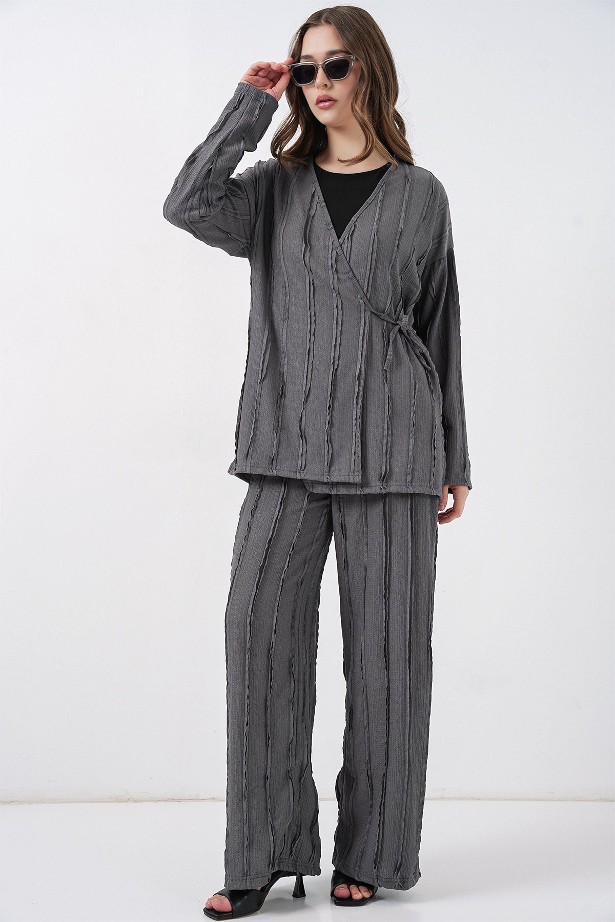 Image of Kadın Örme Kimono Pantolon İkili Takım 30067 - Gri