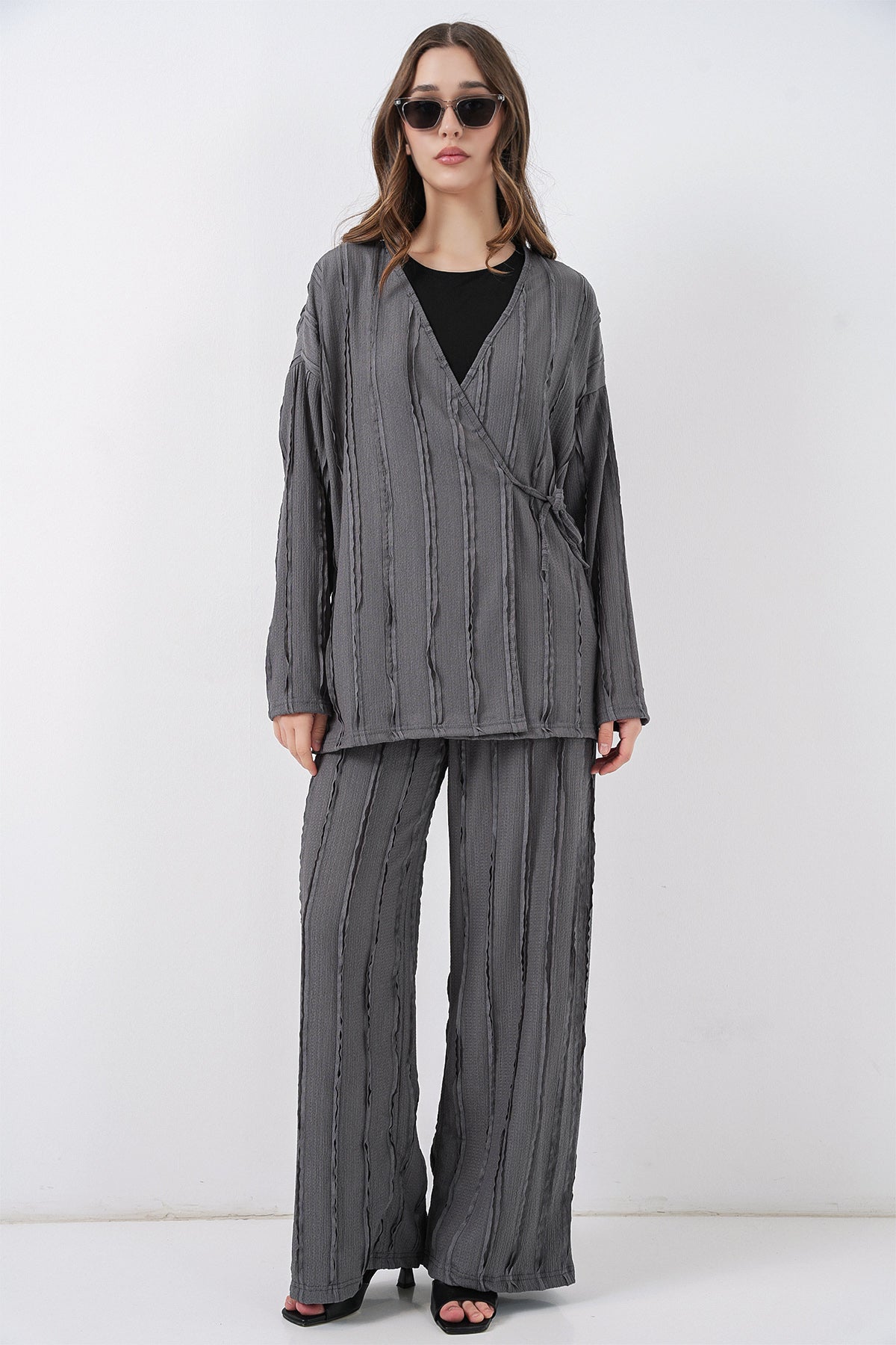 Image of Kadın Örme Kimono Pantolon İkili Takım 30067 - Gri
