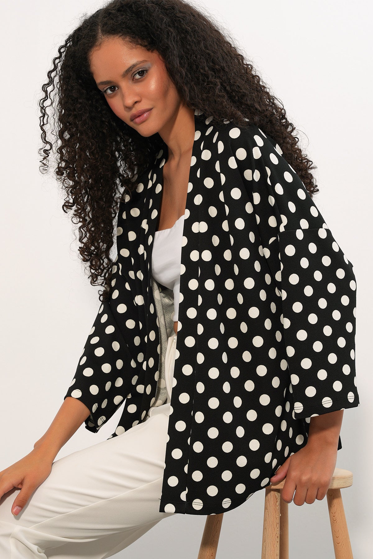 Image of Kadın Örme Puantiyeli Kimono 5996 - Siyah