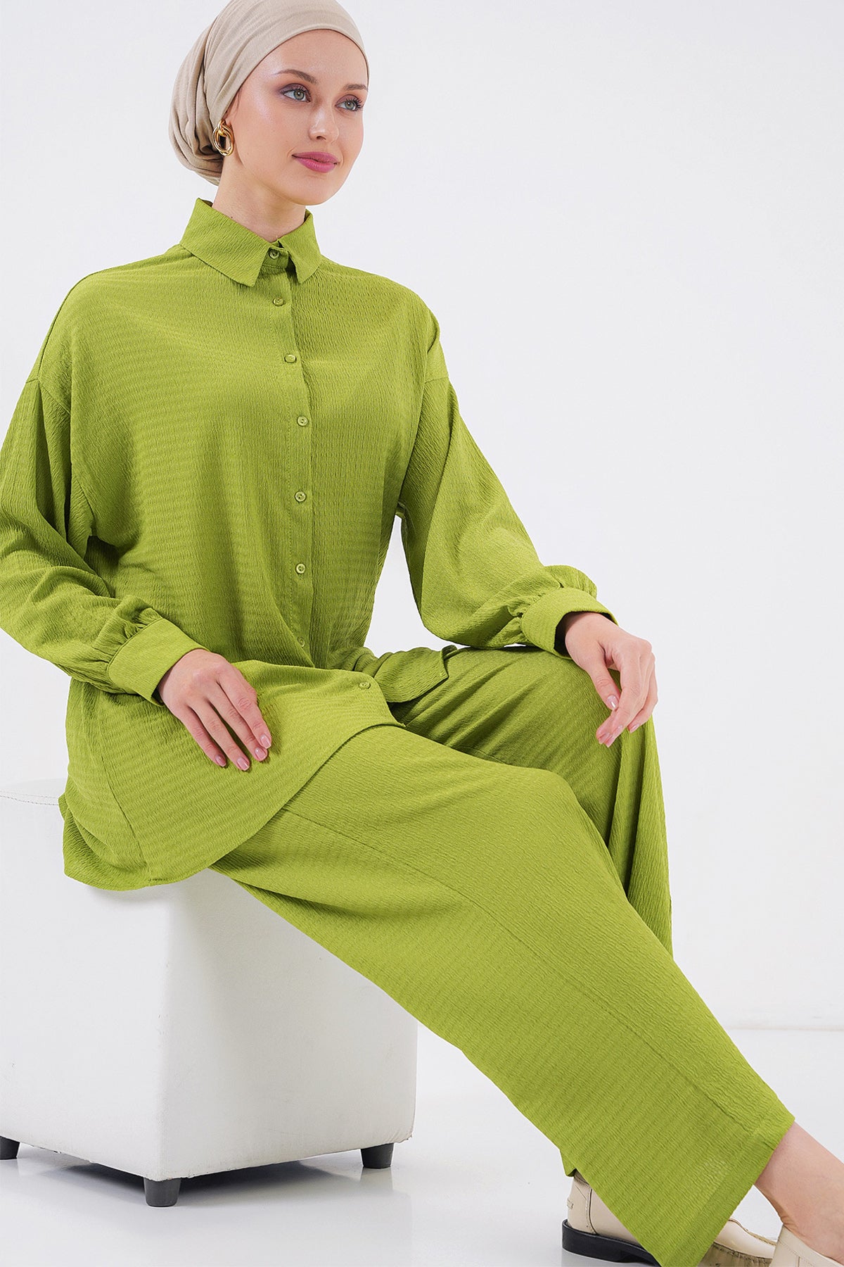 Image of Set Hijab Tricotat pentru Femei (Sus și Jos) 6711 - E.Green