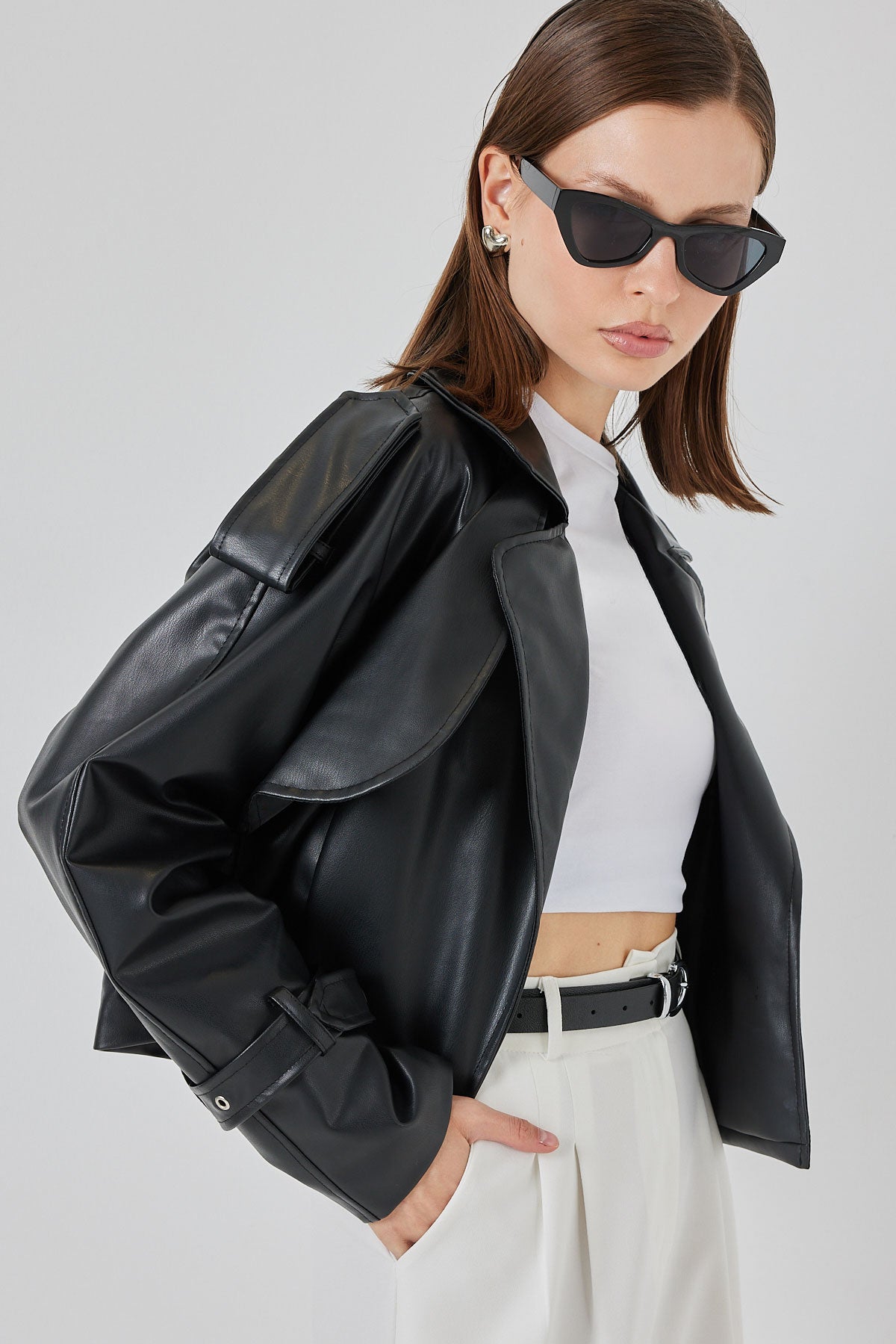 Image of Women's Oversize Leather Jacket 1047 - Black