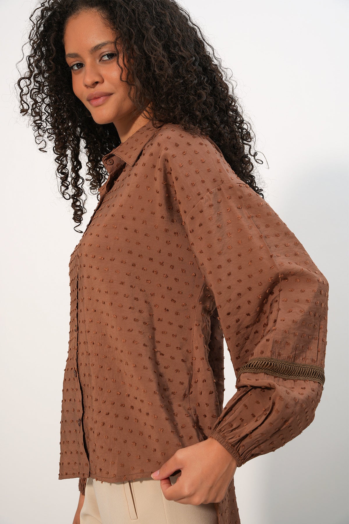 Image of Kadın Oversize Desenli Gömlek 20379 - Taba