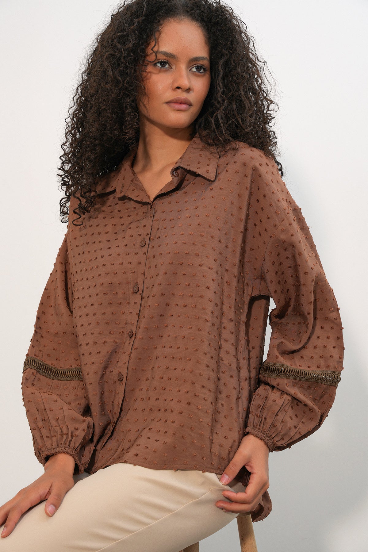 Image of Kadın Oversize Desenli Gömlek 20379 - Taba