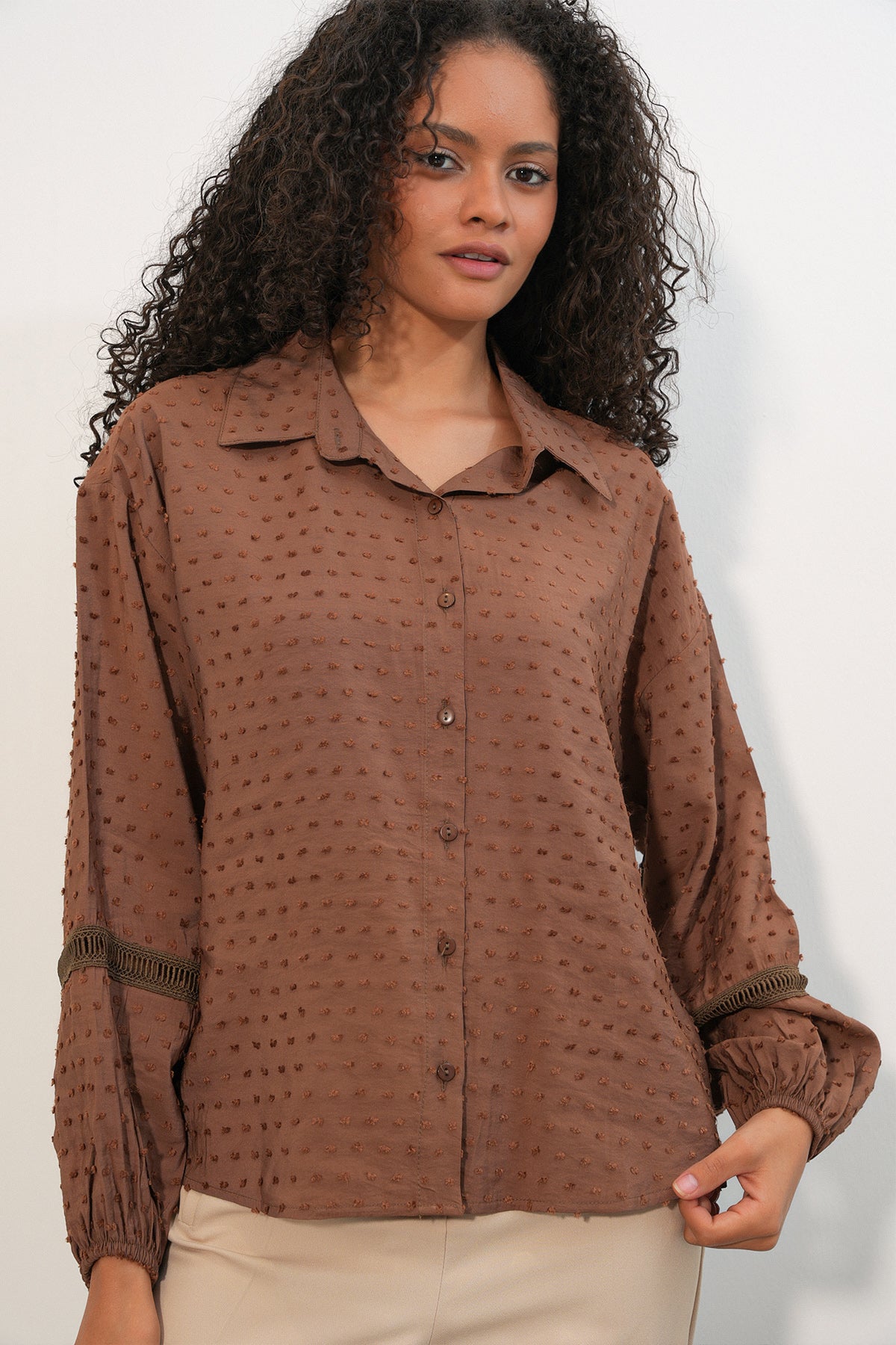 Image of Kadın Oversize Desenli Gömlek 20379 - Taba