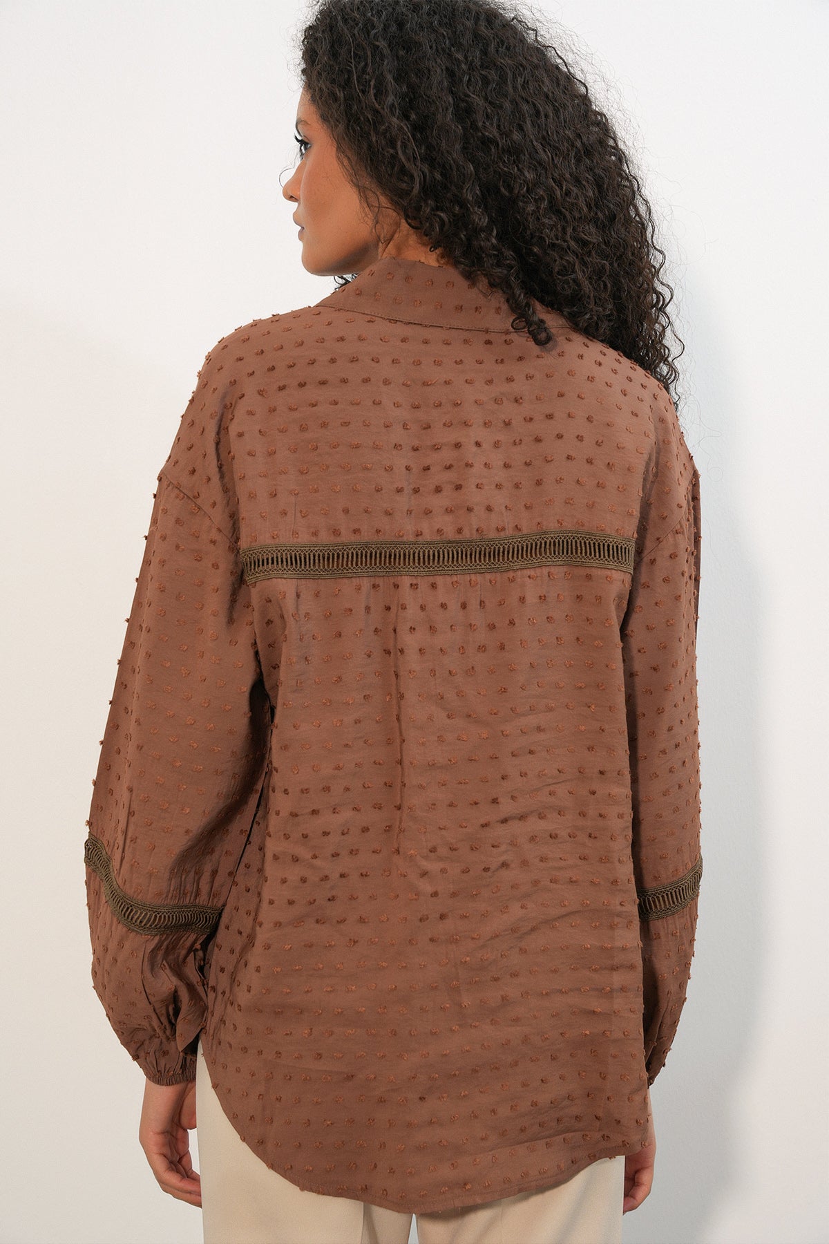Image of Kadın Oversize Desenli Gömlek 20379 - Taba