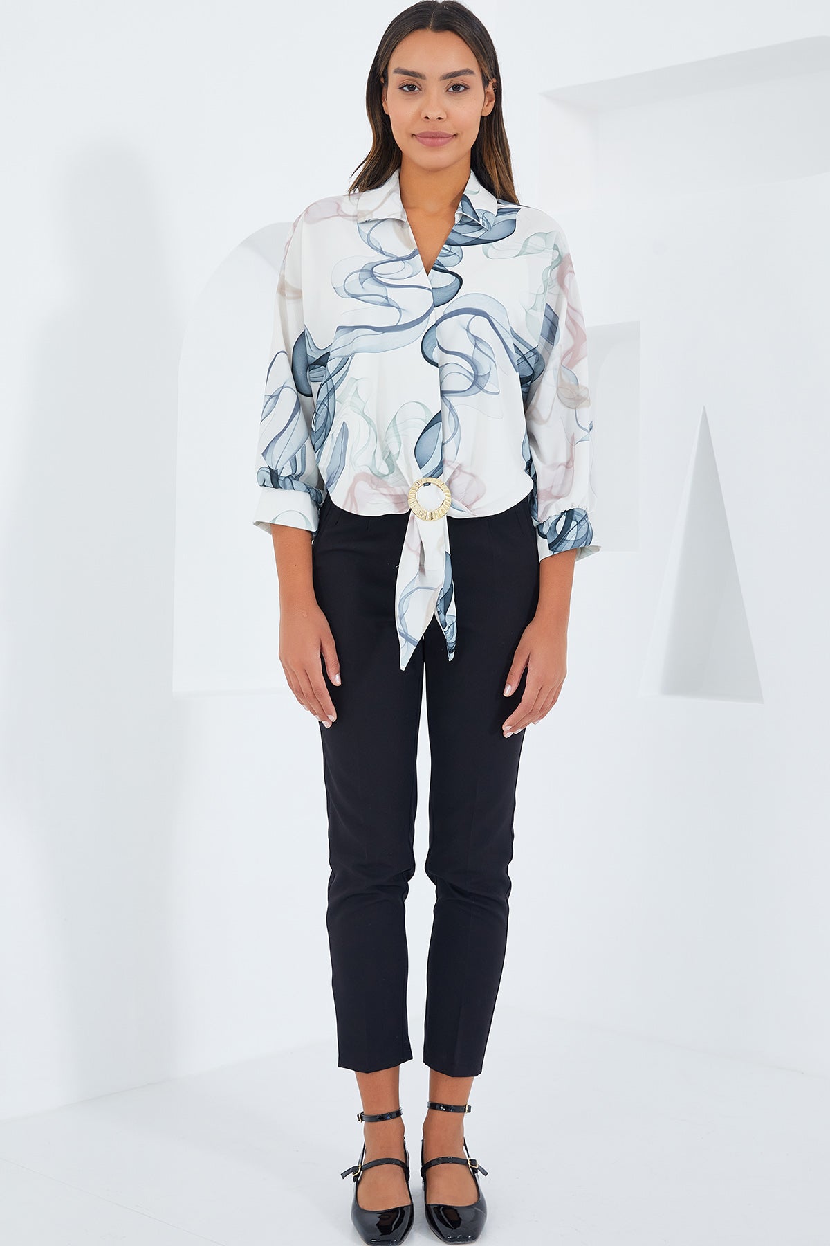 Image of Cămașă scurtă din satin, drapat, supradimensionată, pentru femei, 906 - Indigo