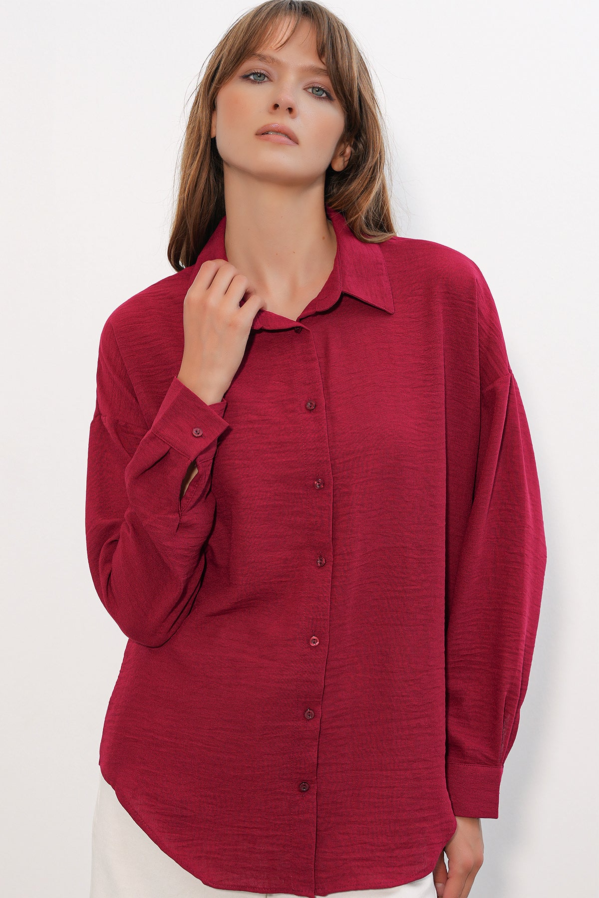 Image of Kadın Oversize Keten Gömlek 20338 - Bordo