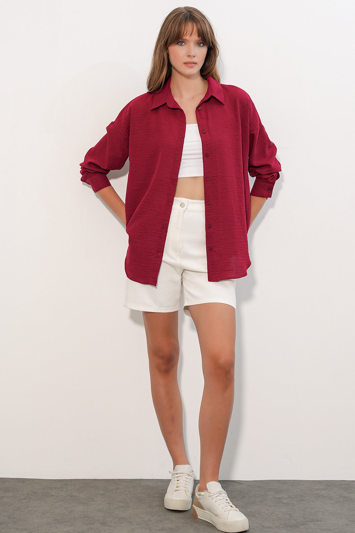 Image of Kadın Oversize Keten Gömlek 20338 - Bordo
