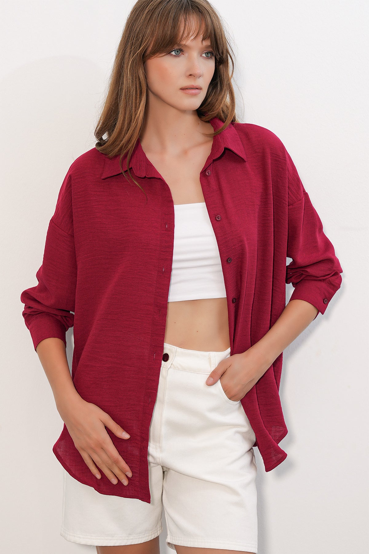 Image of Kadın Oversize Keten Gömlek 20338 - Bordo