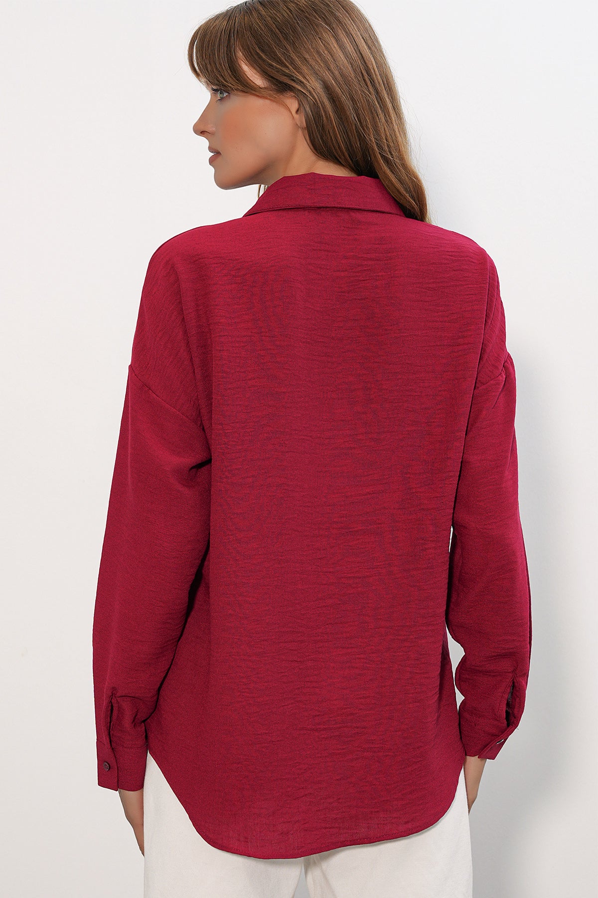 Image of Kadın Oversize Keten Gömlek 20338 - Bordo