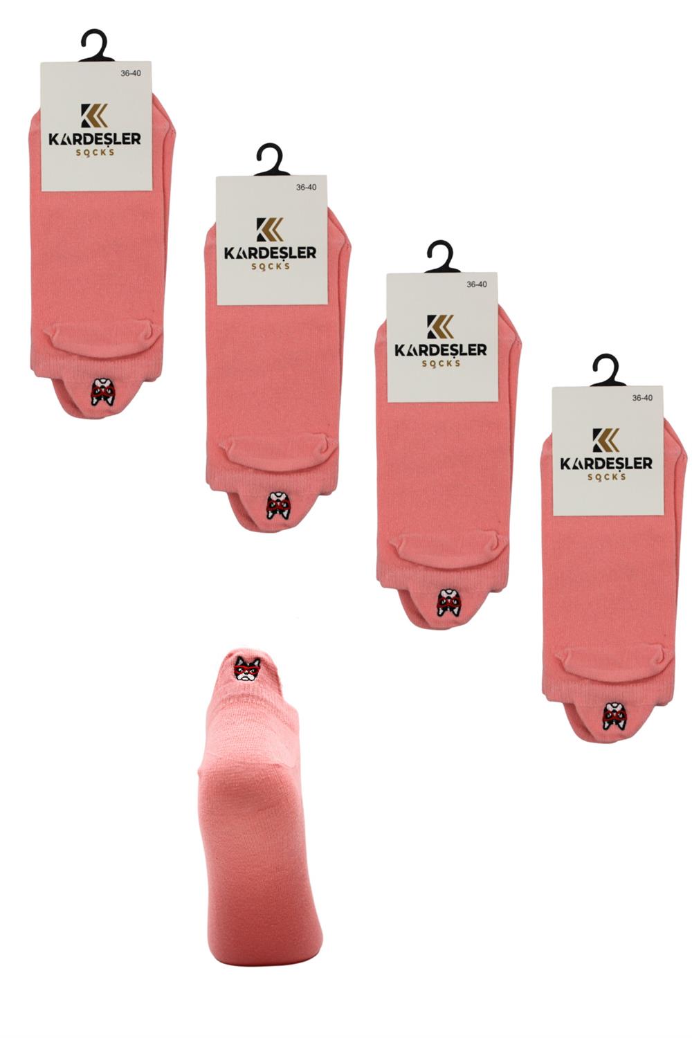 Image of Kadın Pembe Renkli Nakışlı Pamuklu Patik Çorap 4'Lü Paket