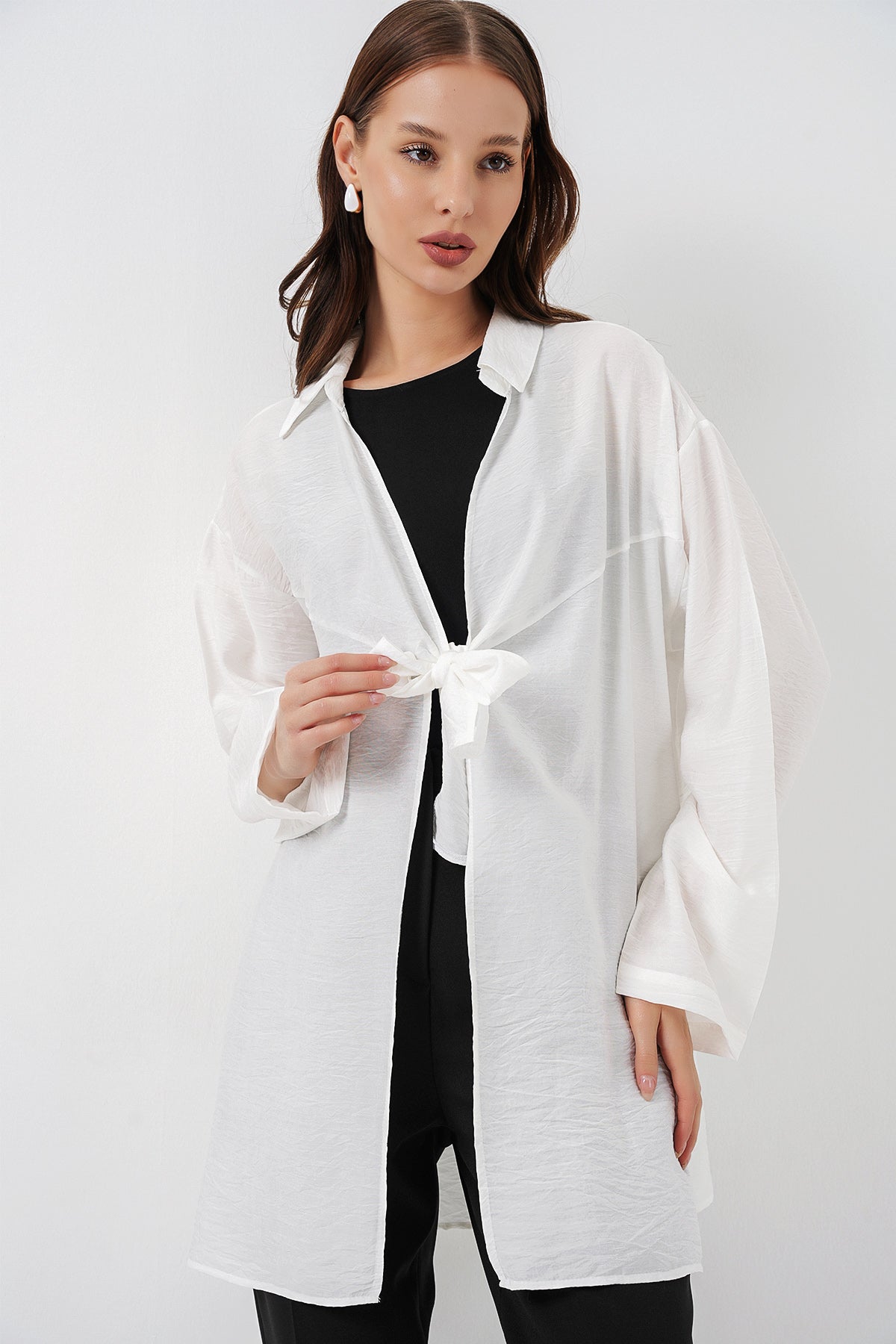 Image of Kadın Salaş Bağcıklı Kimono 5981 - Beyaz
